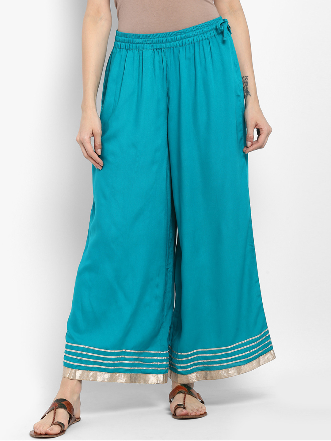 Varanga Teal Solid Gota Lace Border Palazzo