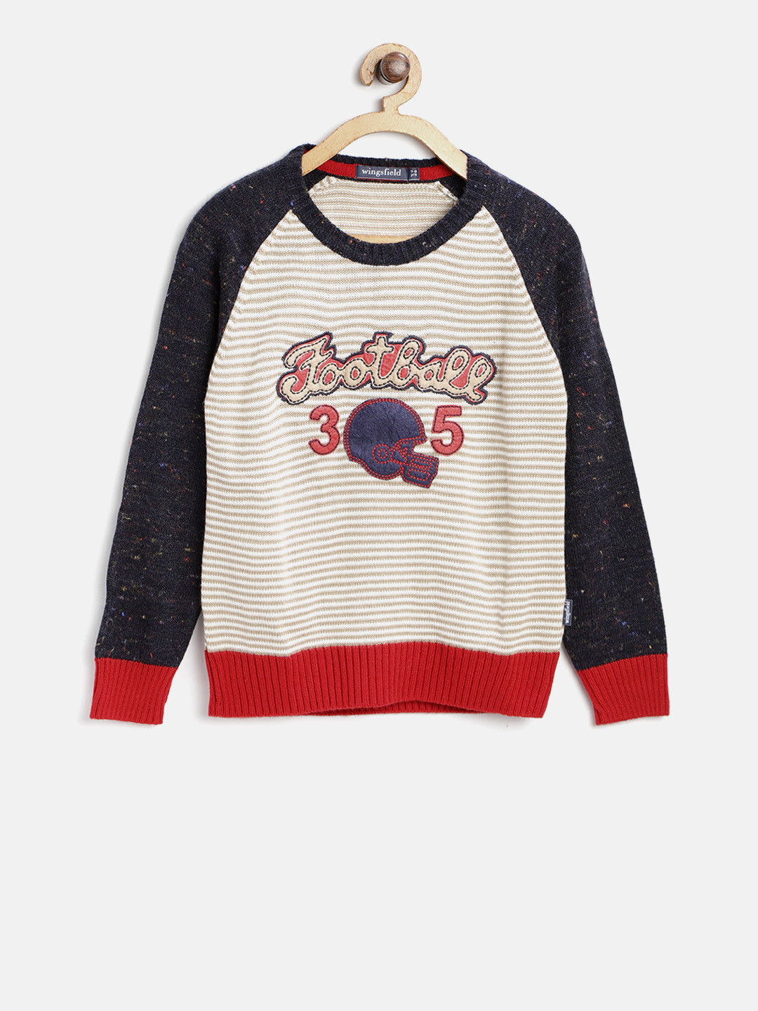 Wingsfield Boys Off-White & Beige Striped Pullover with Applique Detail