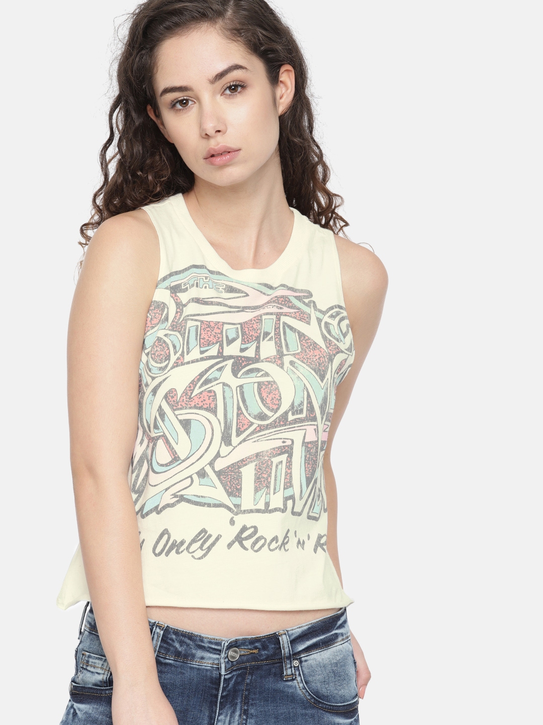 American Eagle Outers Women Off White Printed Crop Top American Eagle Outers Women Off White Printed Crop Top