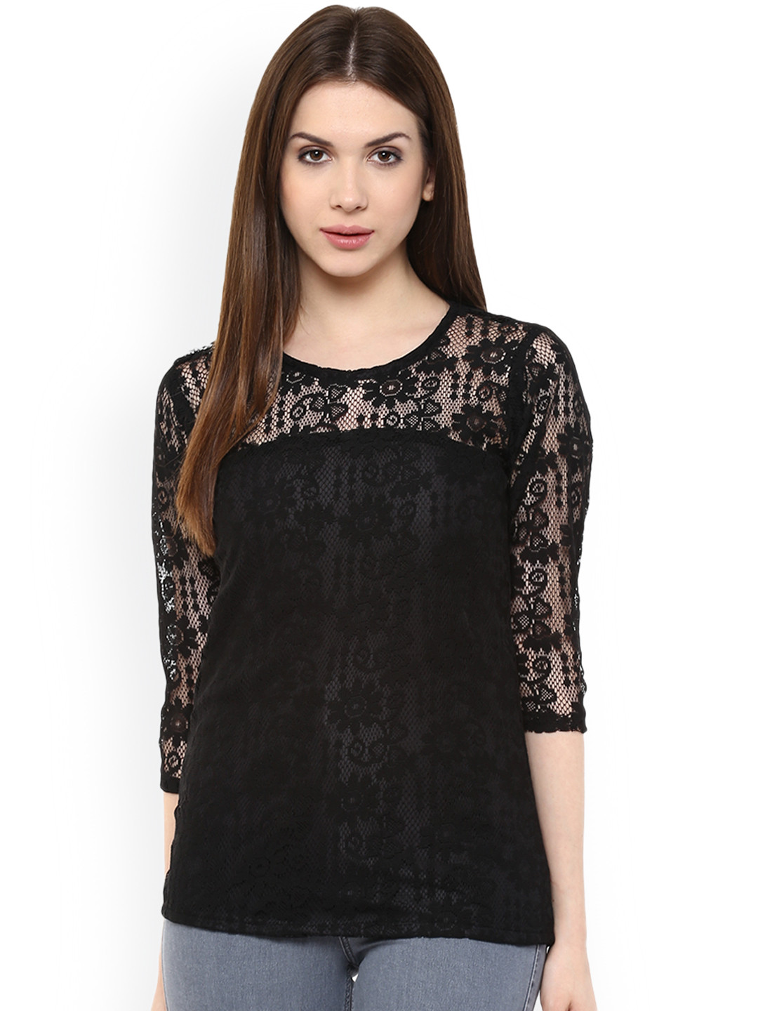 Mayra Women Black Floral Lace Top