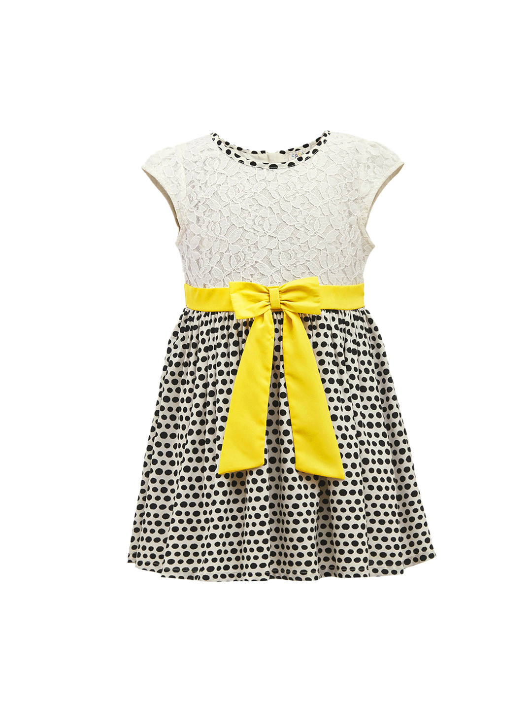 CACA CINA Girls Off-White & Black Self Design Fit and Flare Dress