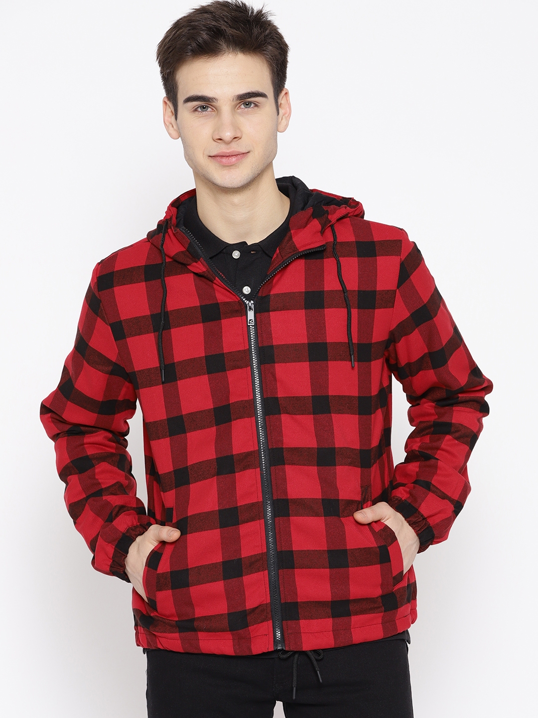 red and black check jacket