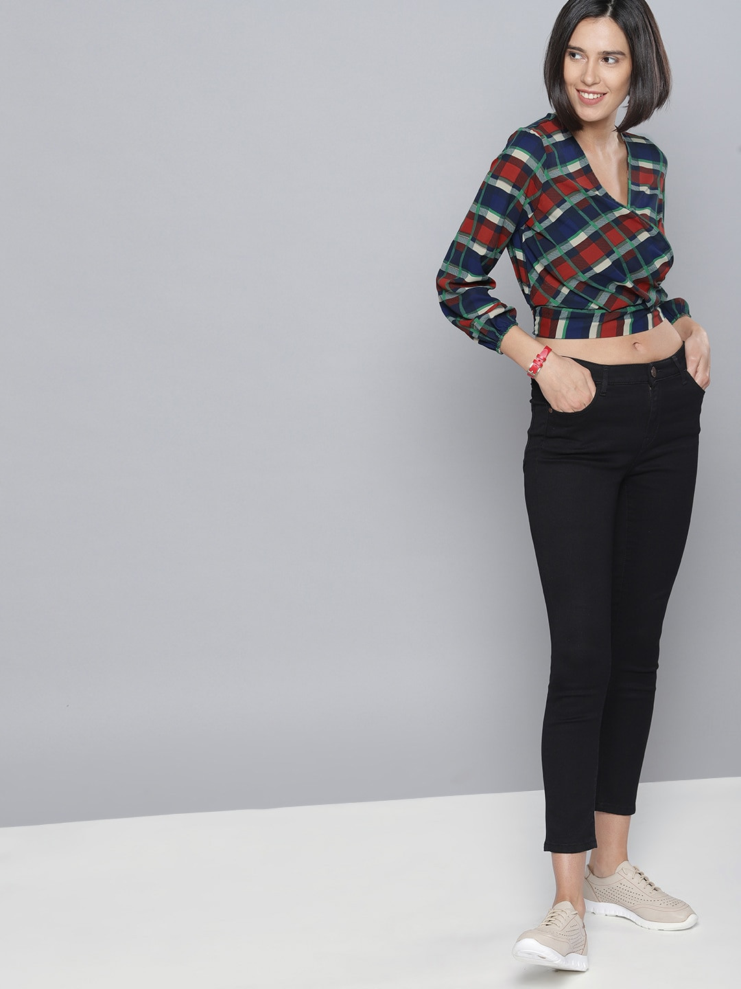 Tokyo Talkies Women Red Checked Cropped Wrap Top