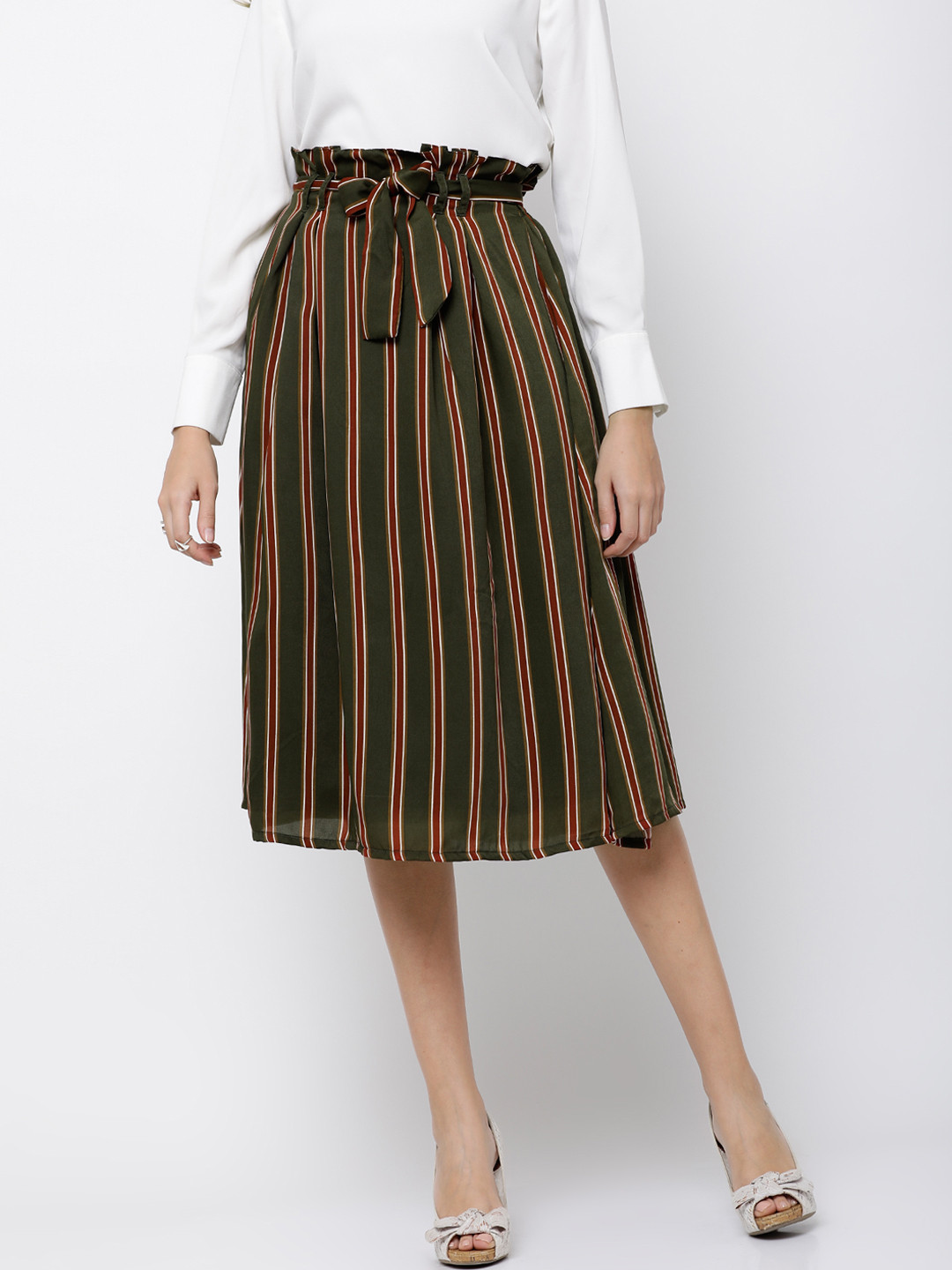 Tokyo Talkies Women Olive Green Striped A-Line Midi Skirt