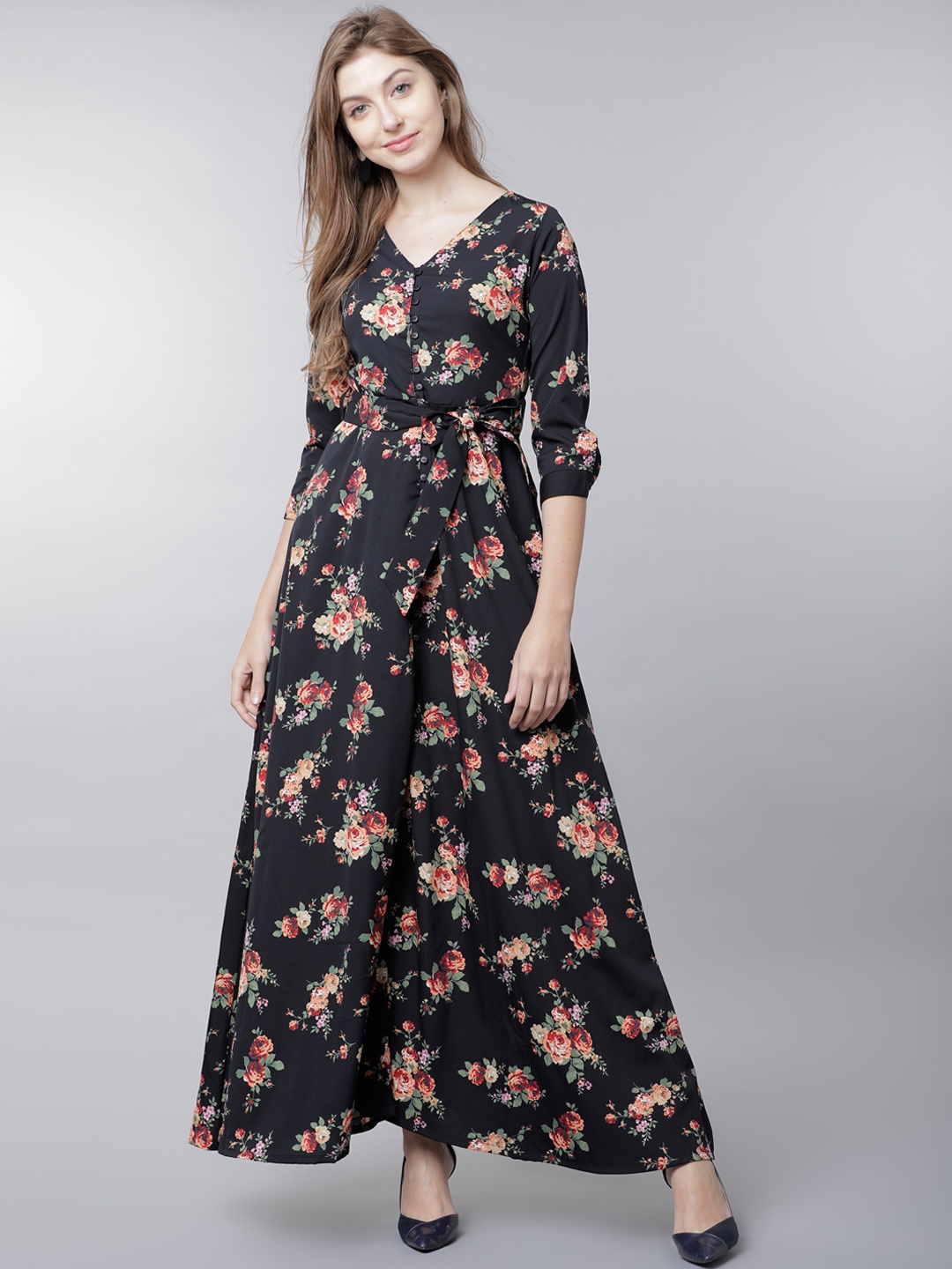 Buy Tokyo Talkies Black Floral Print Flared Maxi Dress With A Belt