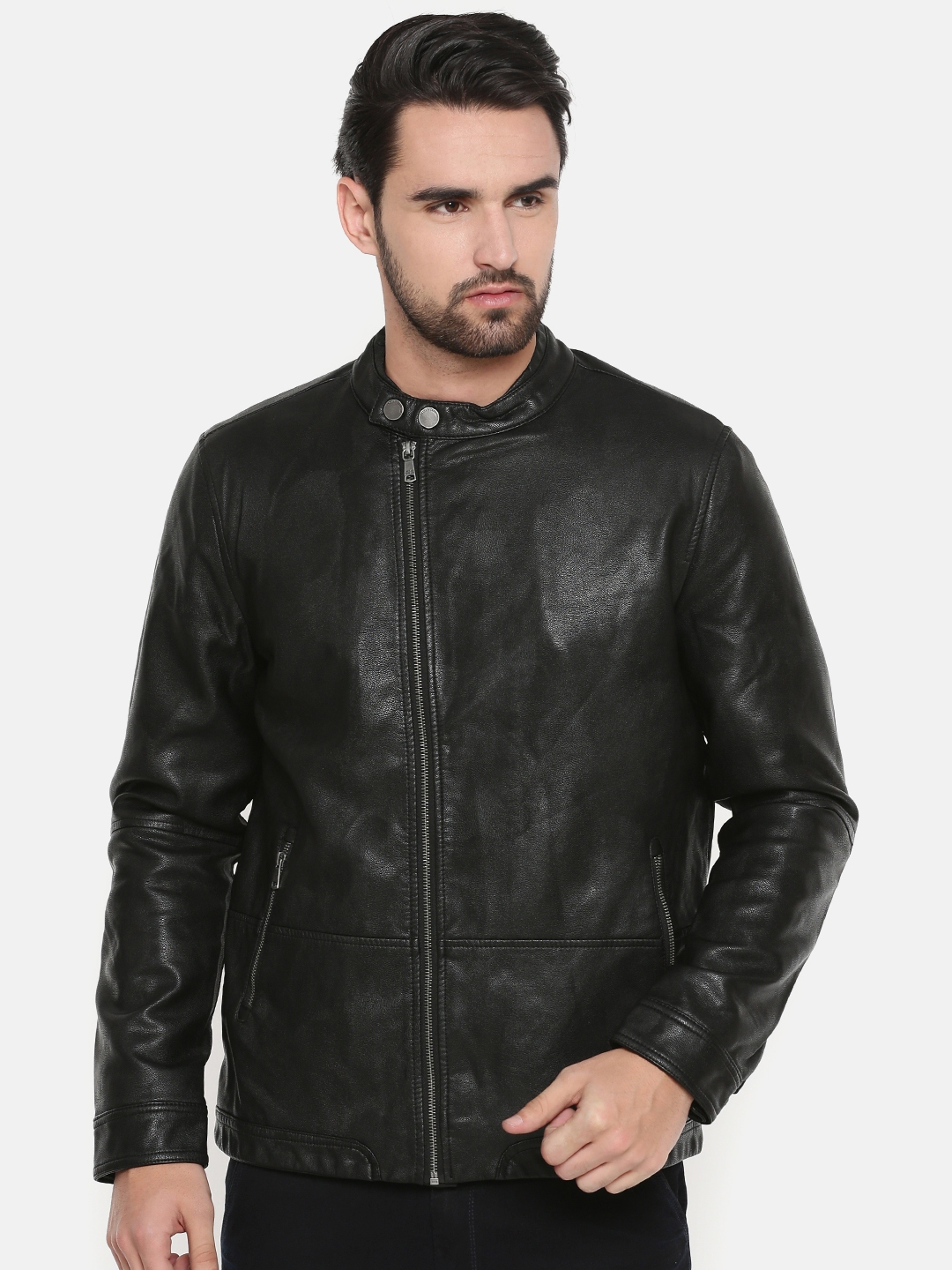 Indian Terrain Men Black Solid Biker Jacket Jackets