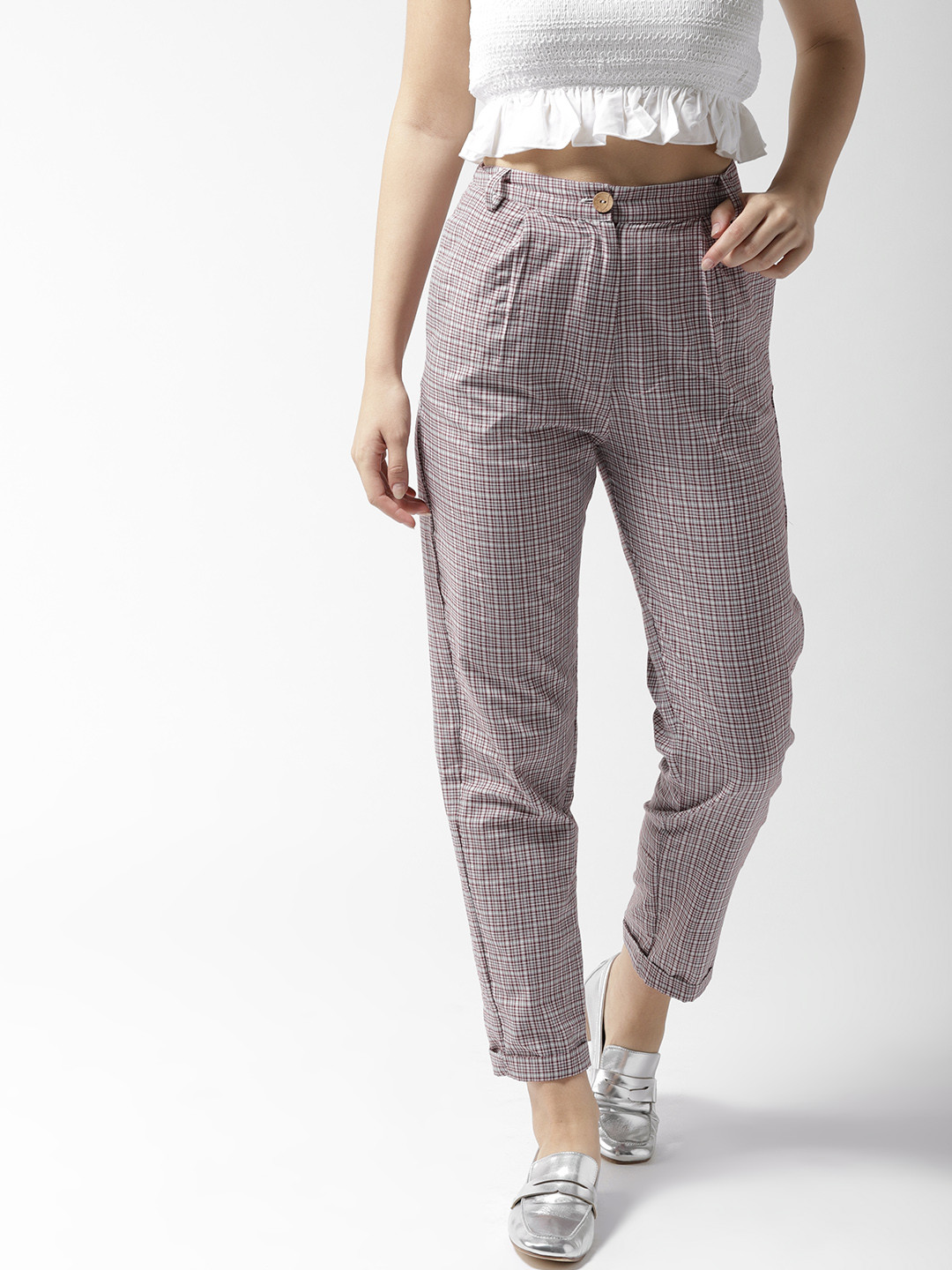 QUIERO Women Maroon & White Regular Fit Checked Trousers