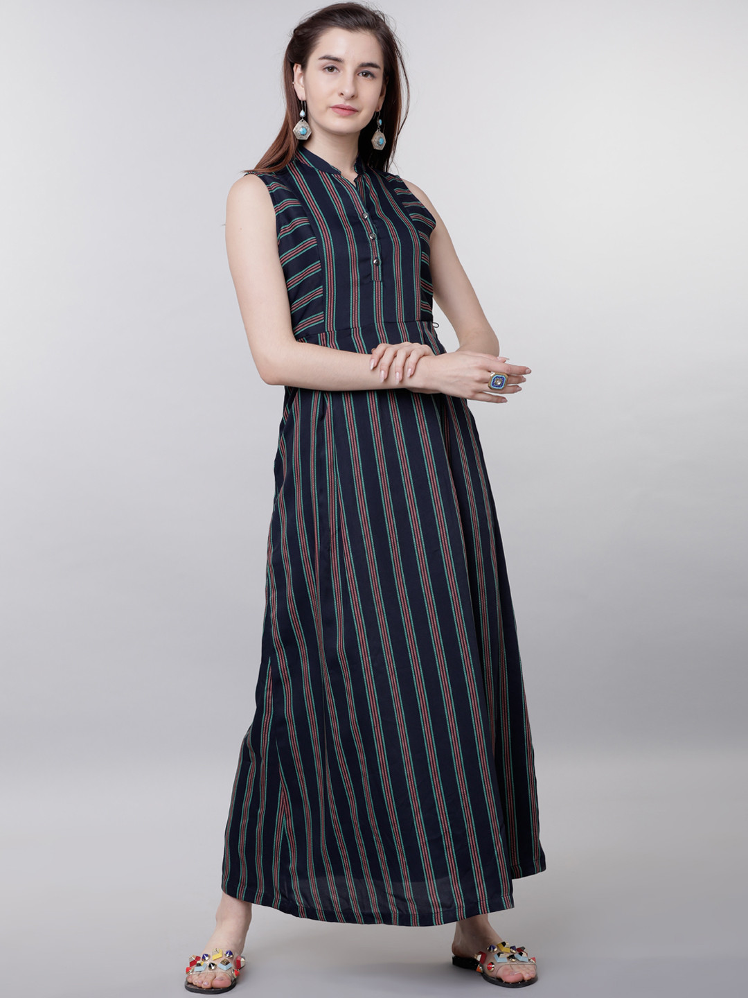 Tokyo Talkies Women Navy Blue Striped Maxi Dress