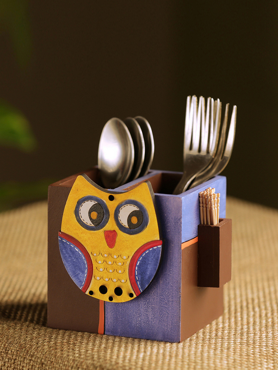 ExclusiveLane Brown & Blue Owl-Shaped Handcrafted Wooden Cutlery Holder