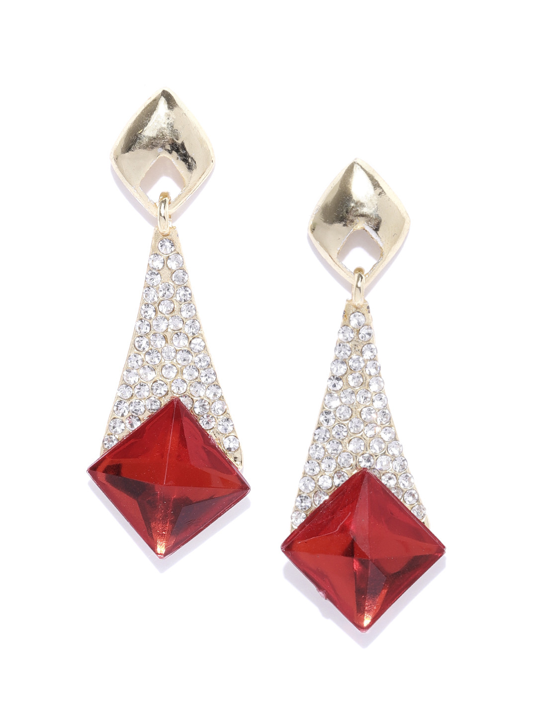 Crunchy Fashion Red & Gold-Toned Diamond Shaped Drop Earrings