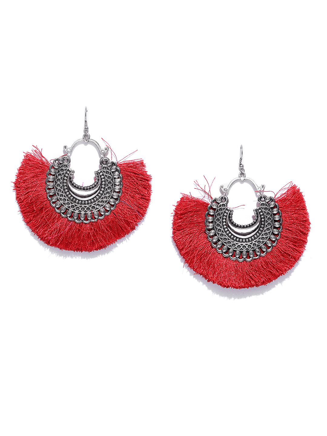 Crunchy Fashion Red & Oxidised Silver-Toned Crescent Shaped Tasselled Drop Earrings