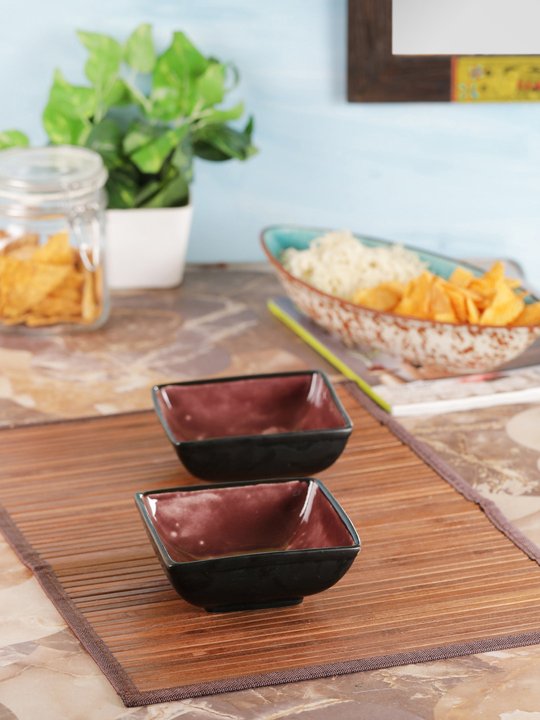 VarEesha Black Set Of 2 Hand Painted Black Purple 5 Inch Ceramic Square Bowls