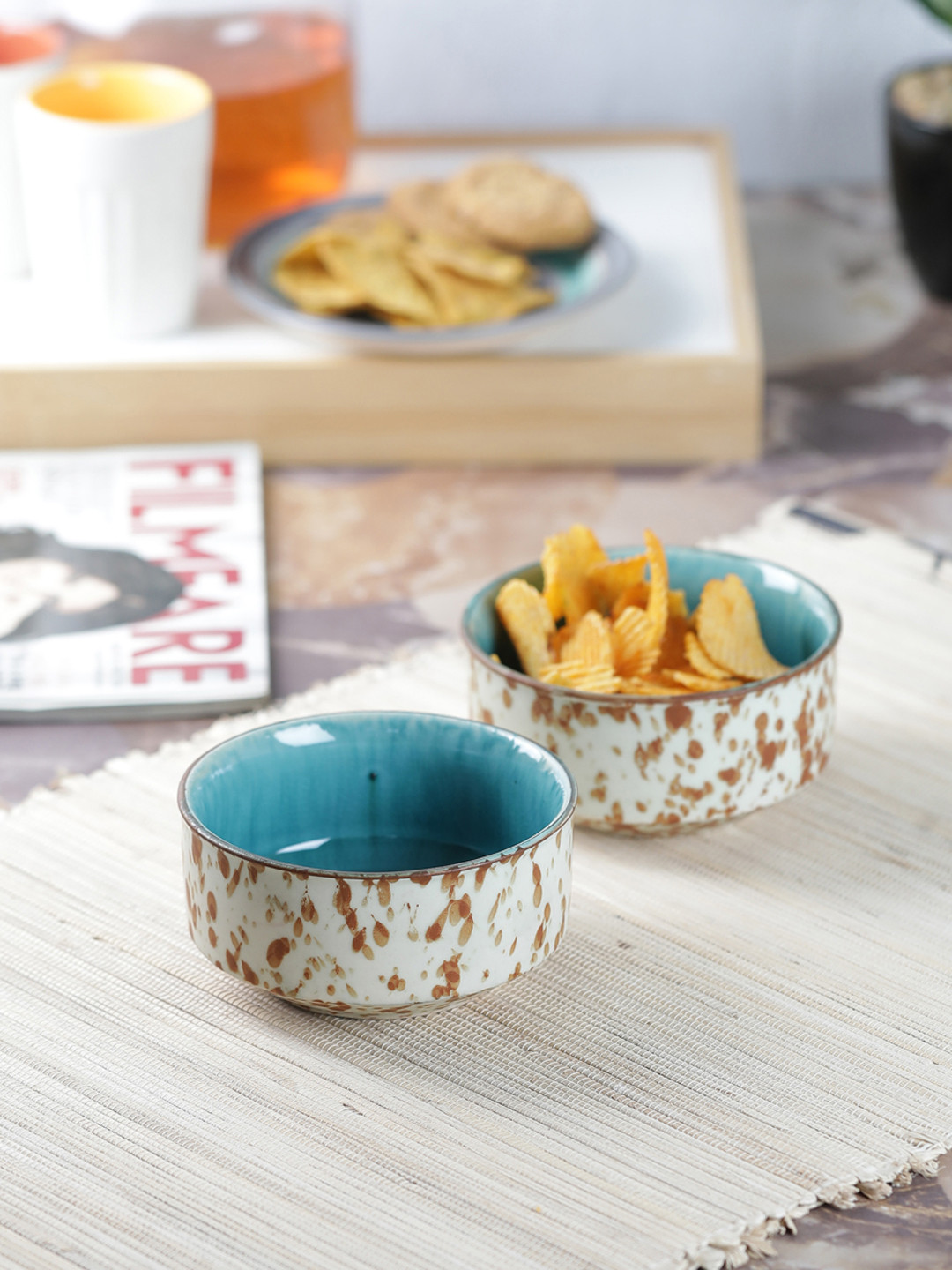 VarEesha Off-White & Brown Set of 2 Hand Painted Mosaic Ceramic Soup Bowls