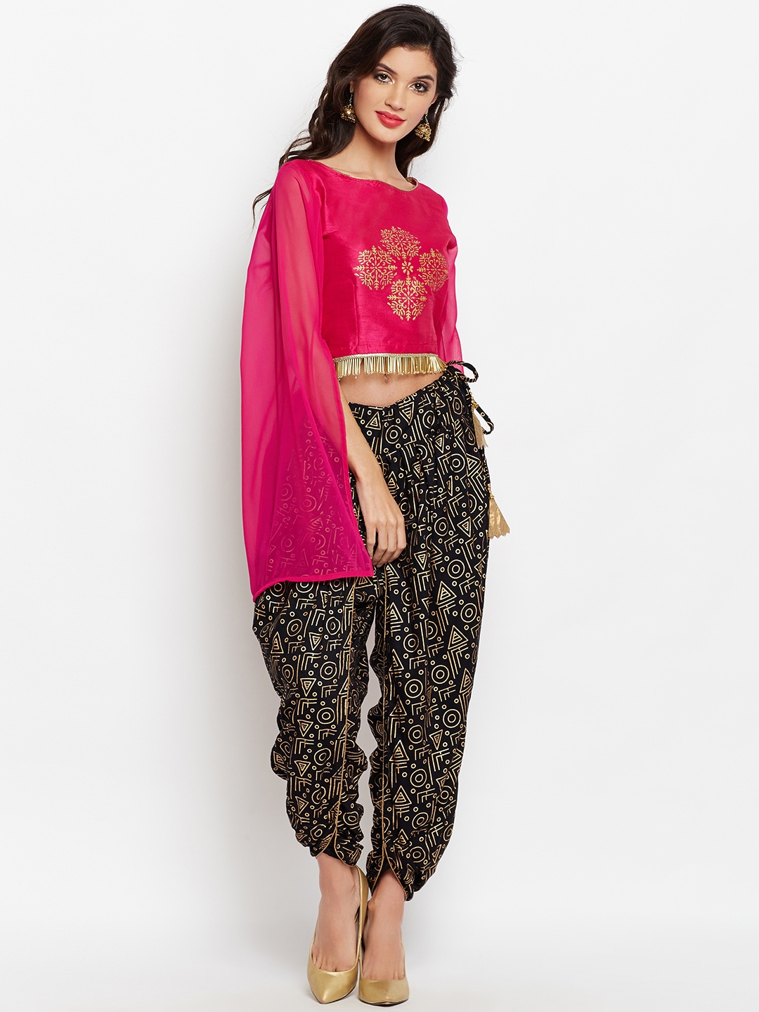 dhoti pants with crop top and shrug