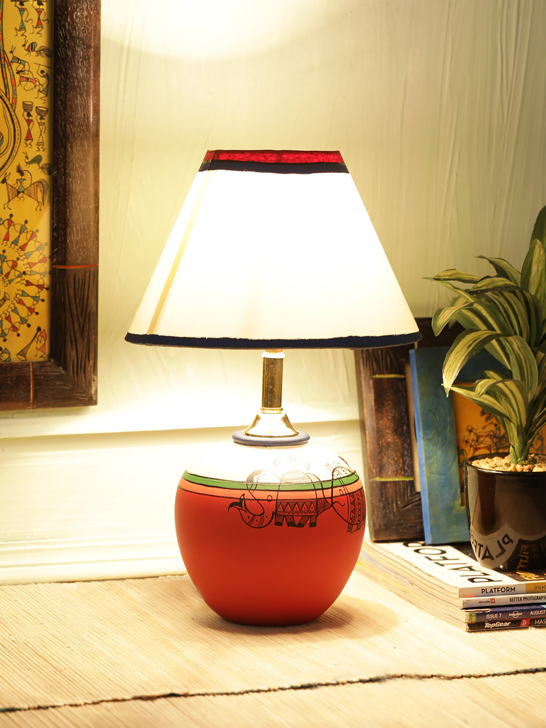 VarEesha White & Red Solid Madhubani Hand-Painted Bedside Lamp