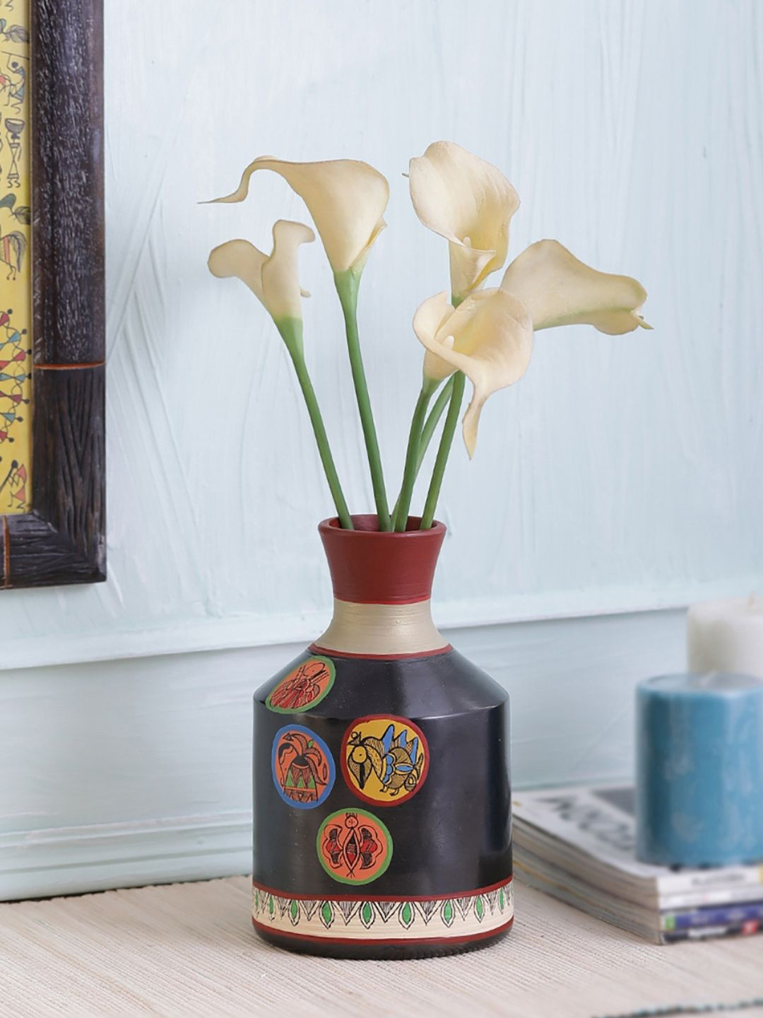 VarEesha Madhubani Work Terracotta Black Vase
