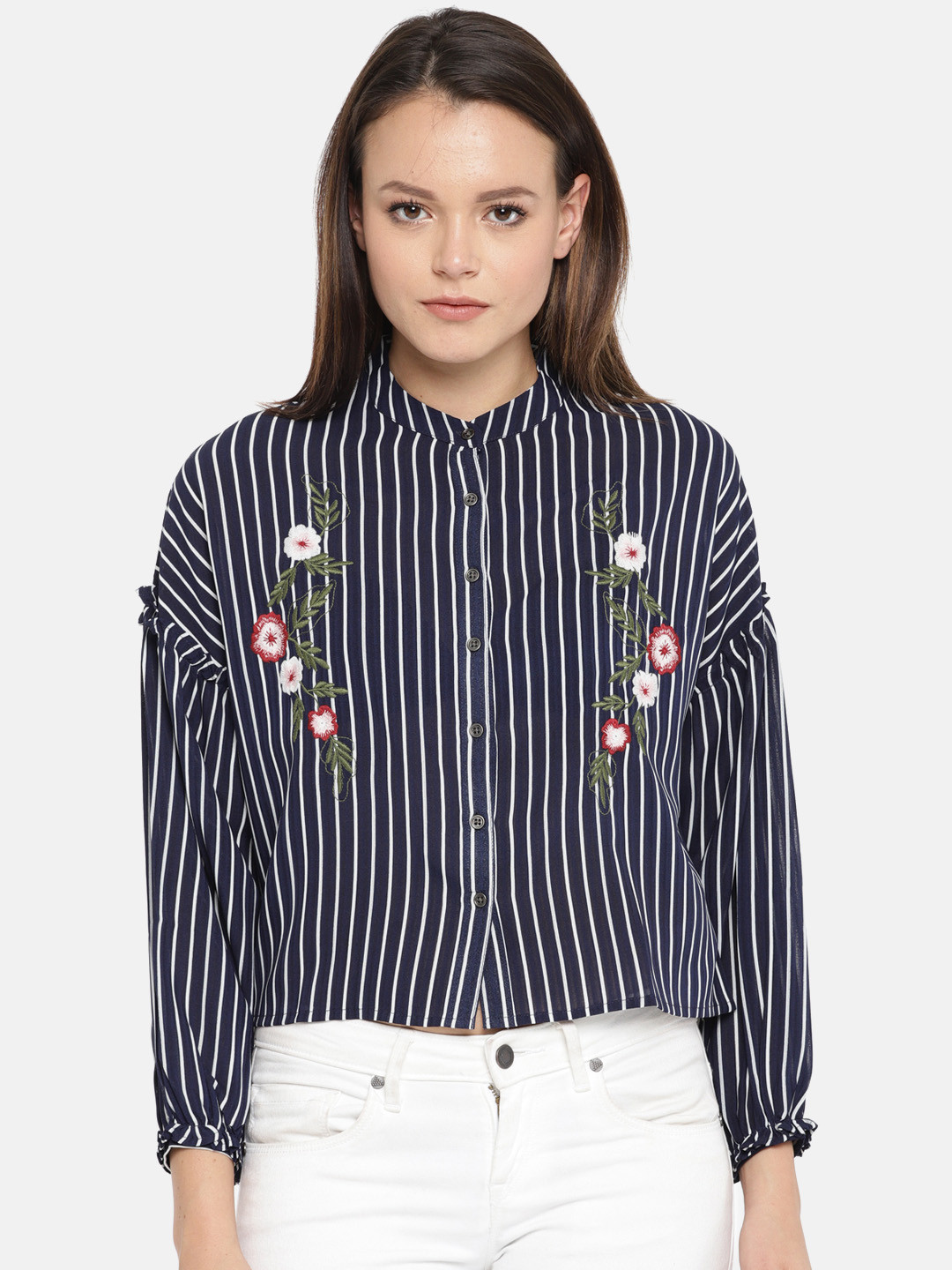 Deal Jeans Women Navy Blue Striped Shirt Style Top