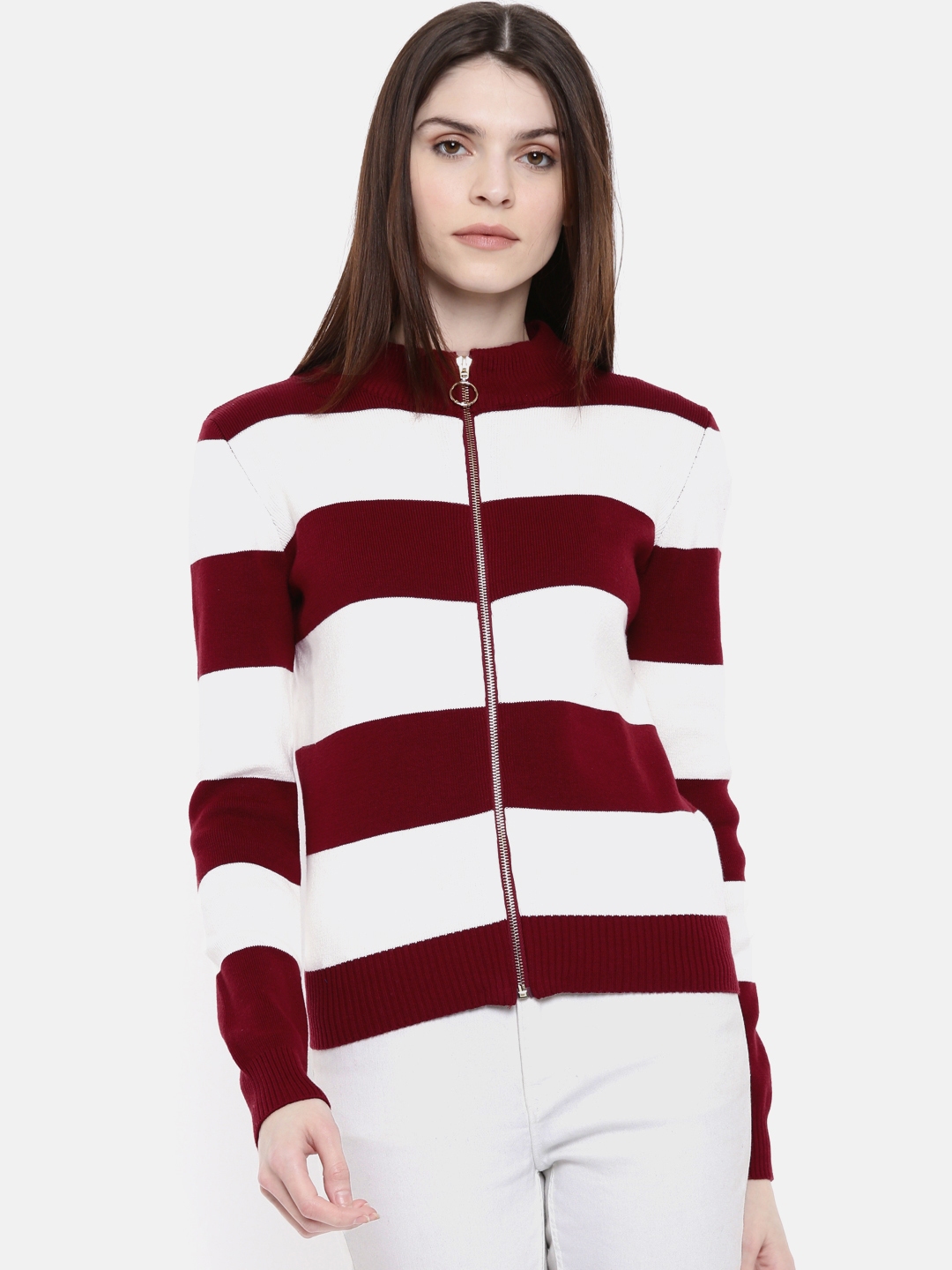 maroon and white striped cardigan