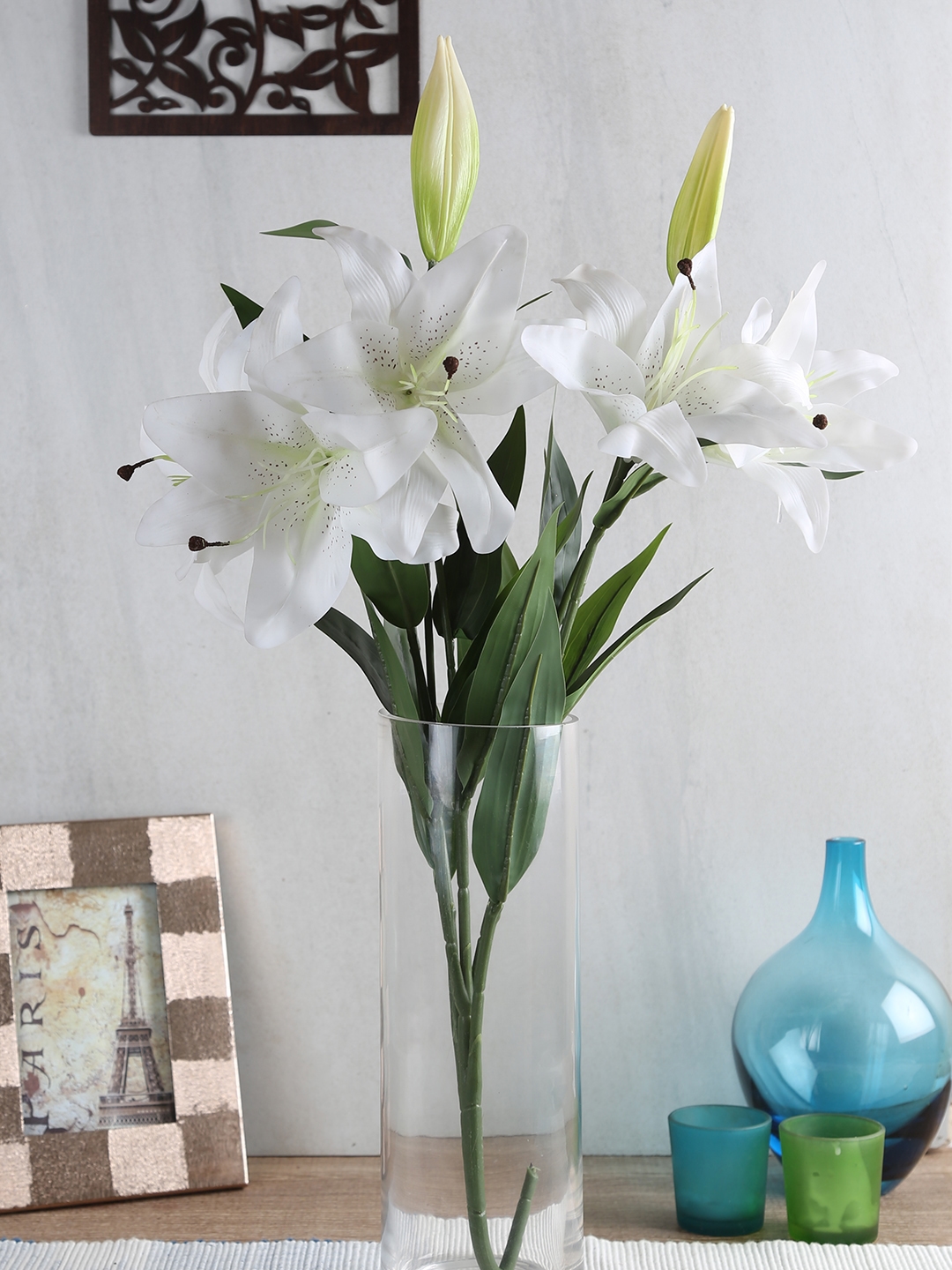 Fourwalls White Polyurethane Artificial Real -Touch Lily Flower Bunches without pot