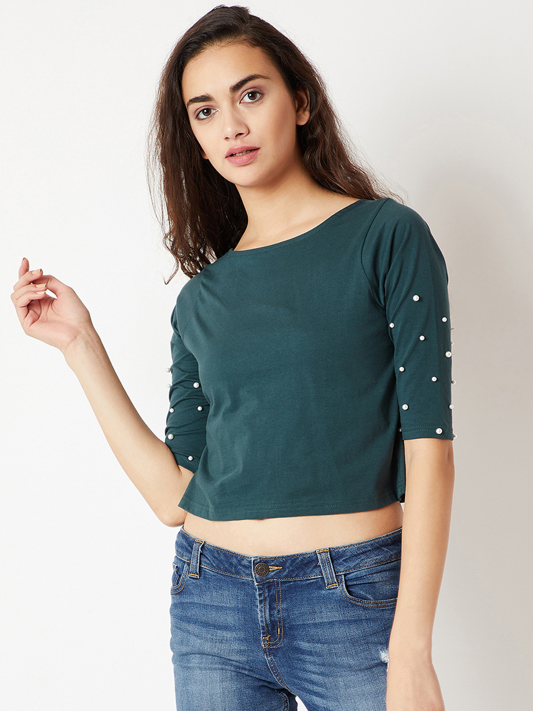 Miss Chase Women Green Embellished Pure Cotton Top