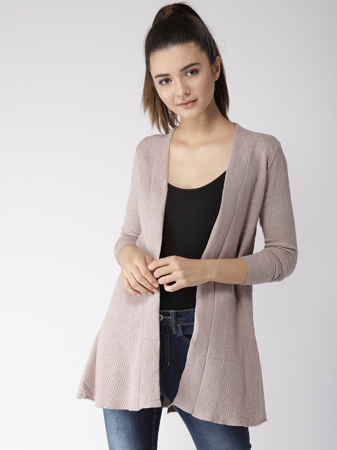 Fort Collins Women Beige Self Design Front Open Cardigan