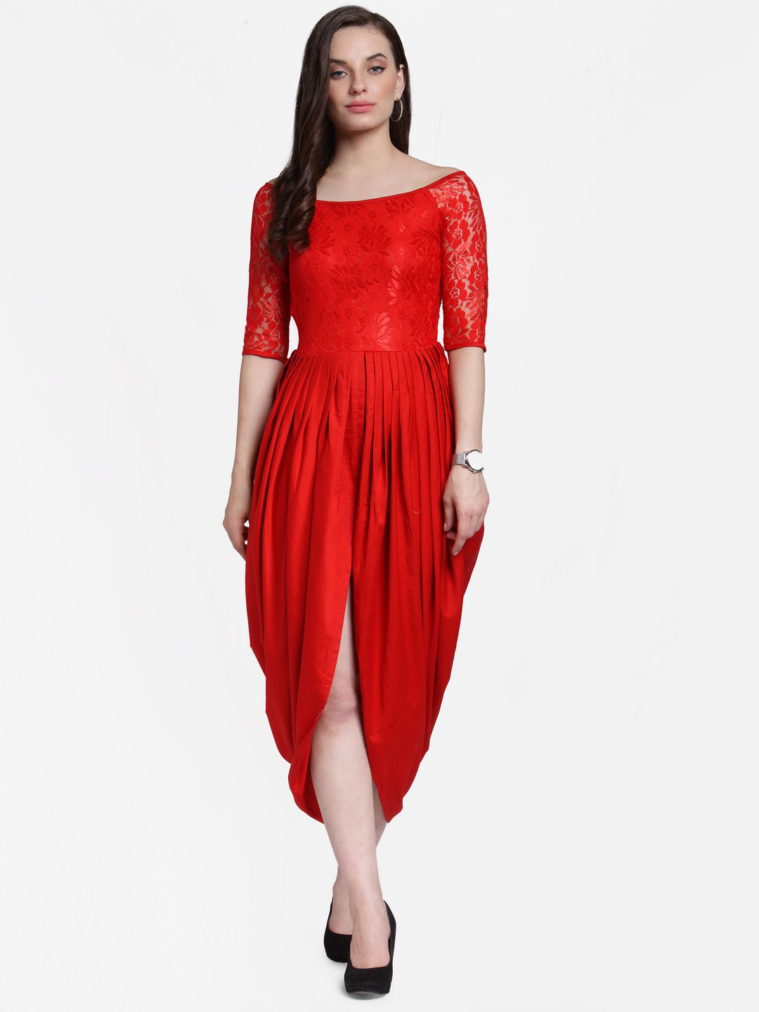 Cation Women Red Solid Lace Maxi Dress
