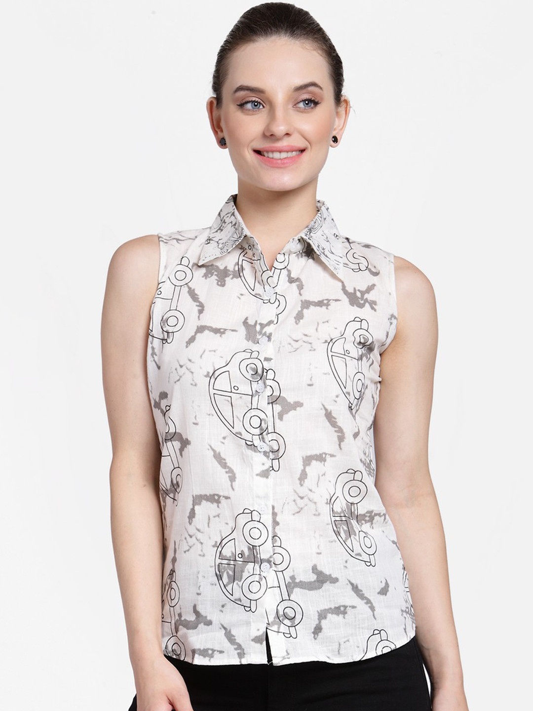 Cation Women Off-White & Black Printed Casual Sleeveless Shirt