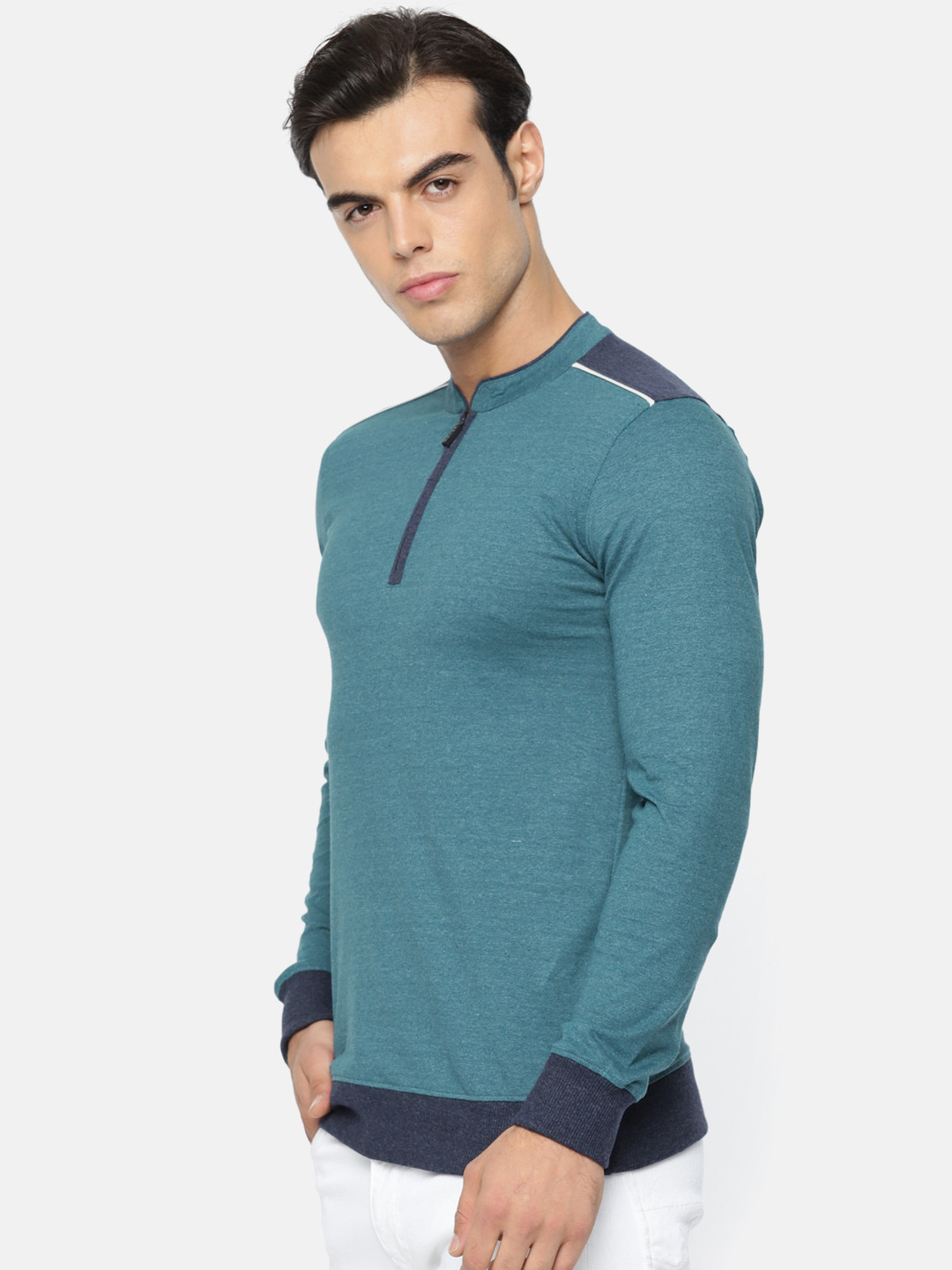 ARISE Men Teal Blue Solid Mandarin Collar T-shirt
