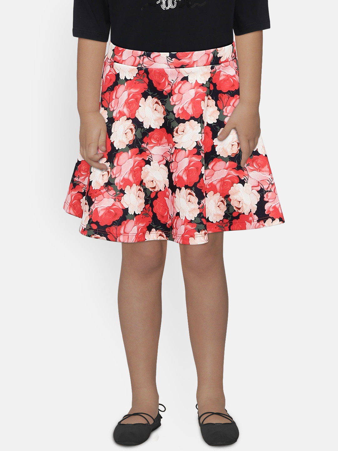 Peppermint Girls Off-White & Red Solid Top with Printed A-Line Skirt