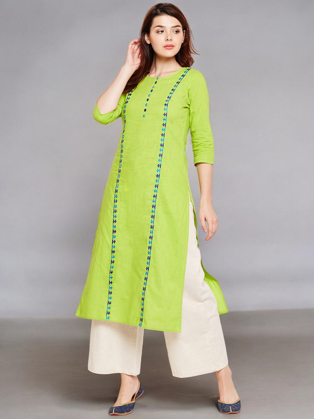 Azira Women Lime Green Embroidered Straight Kurta