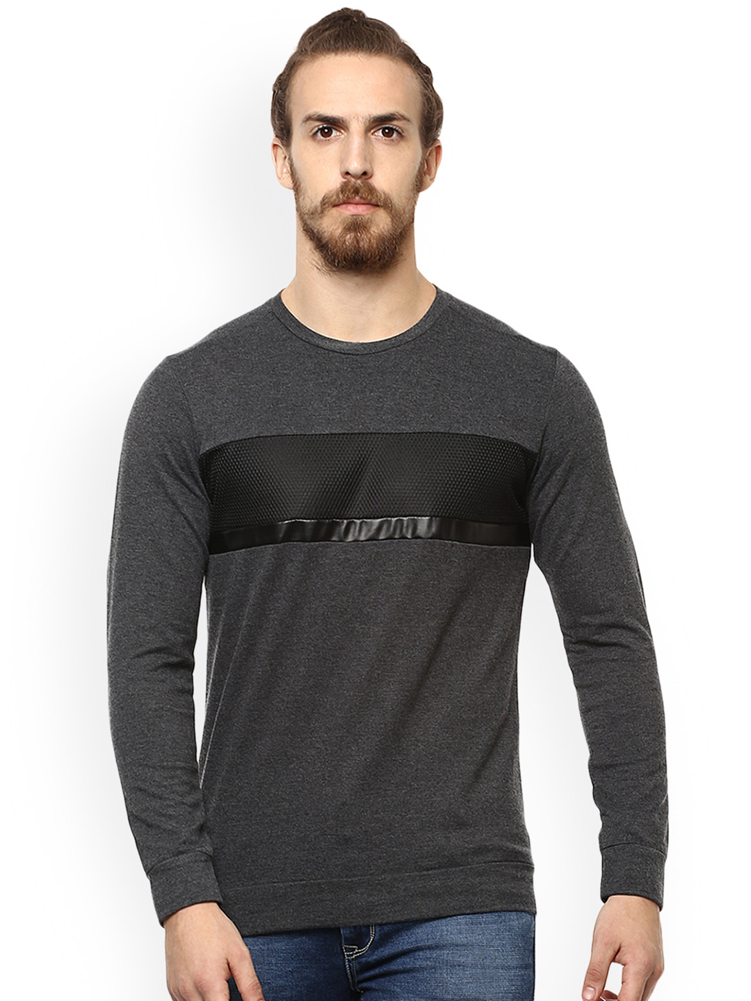 Buy Mufti Men Grey Colourblocked Round 