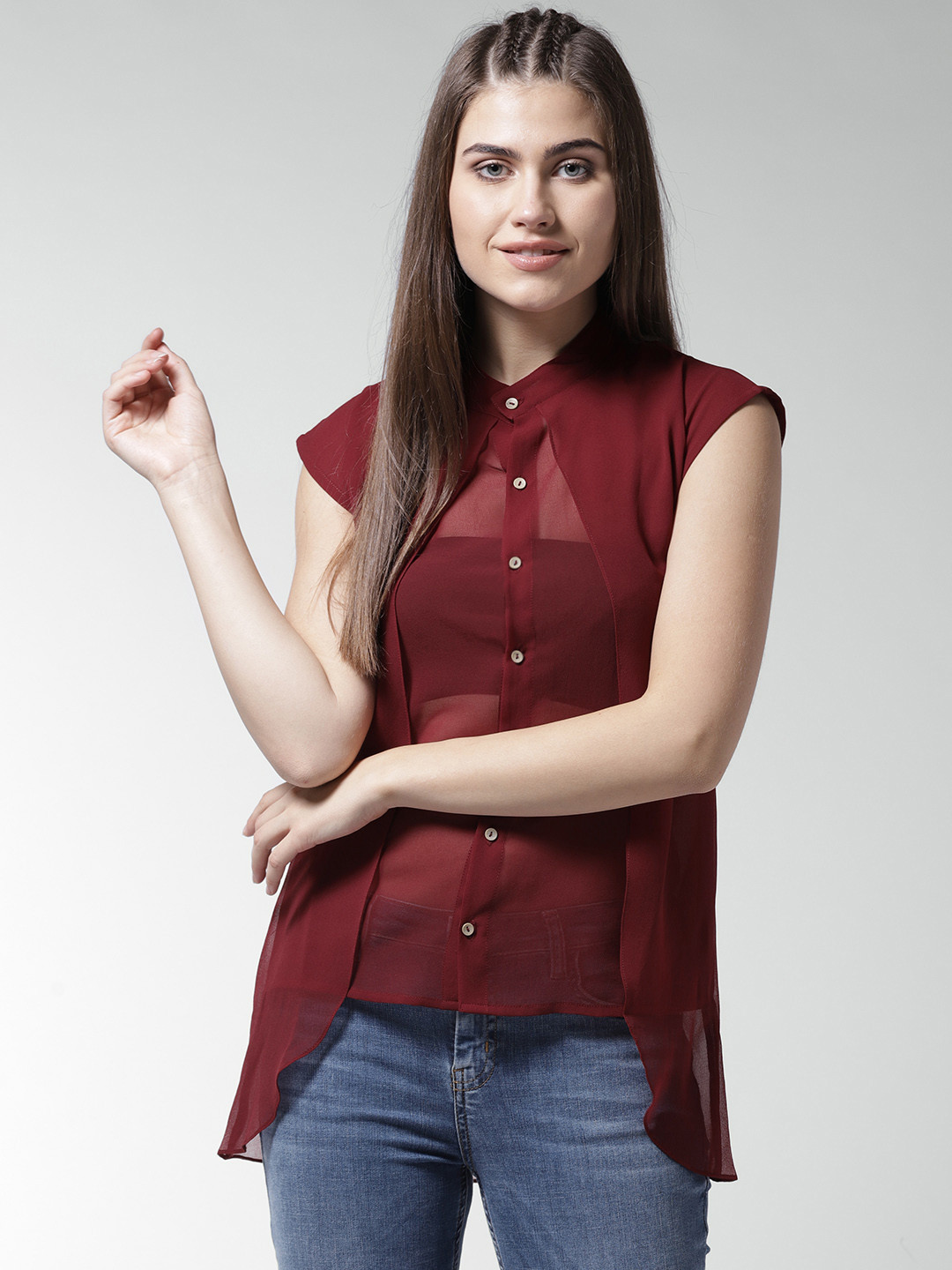 La Zoire Women Maroon Solid Layered Sheer Shirt Style Top