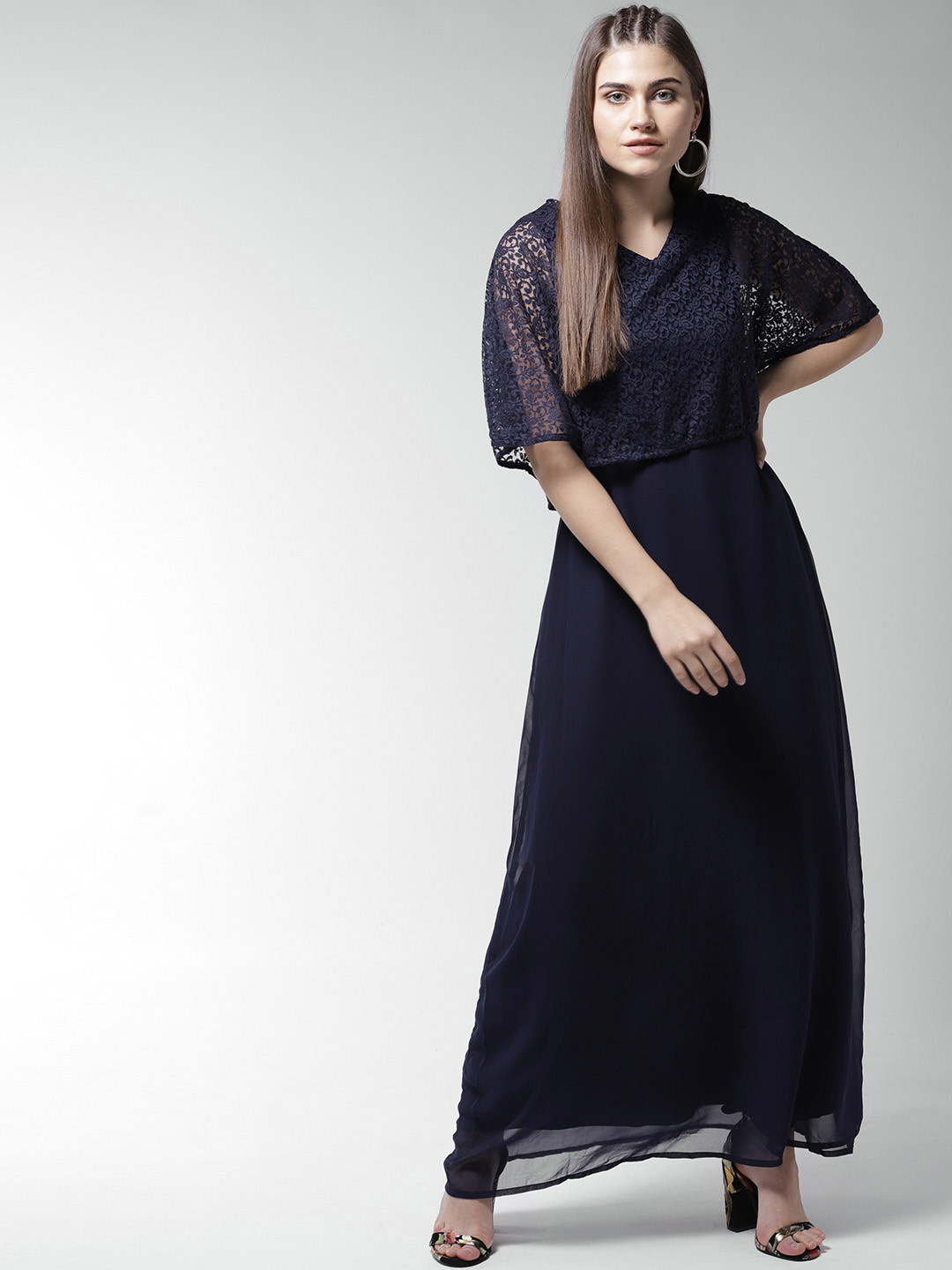La Zoire Women Navy Blue Cape Maxi Dress
