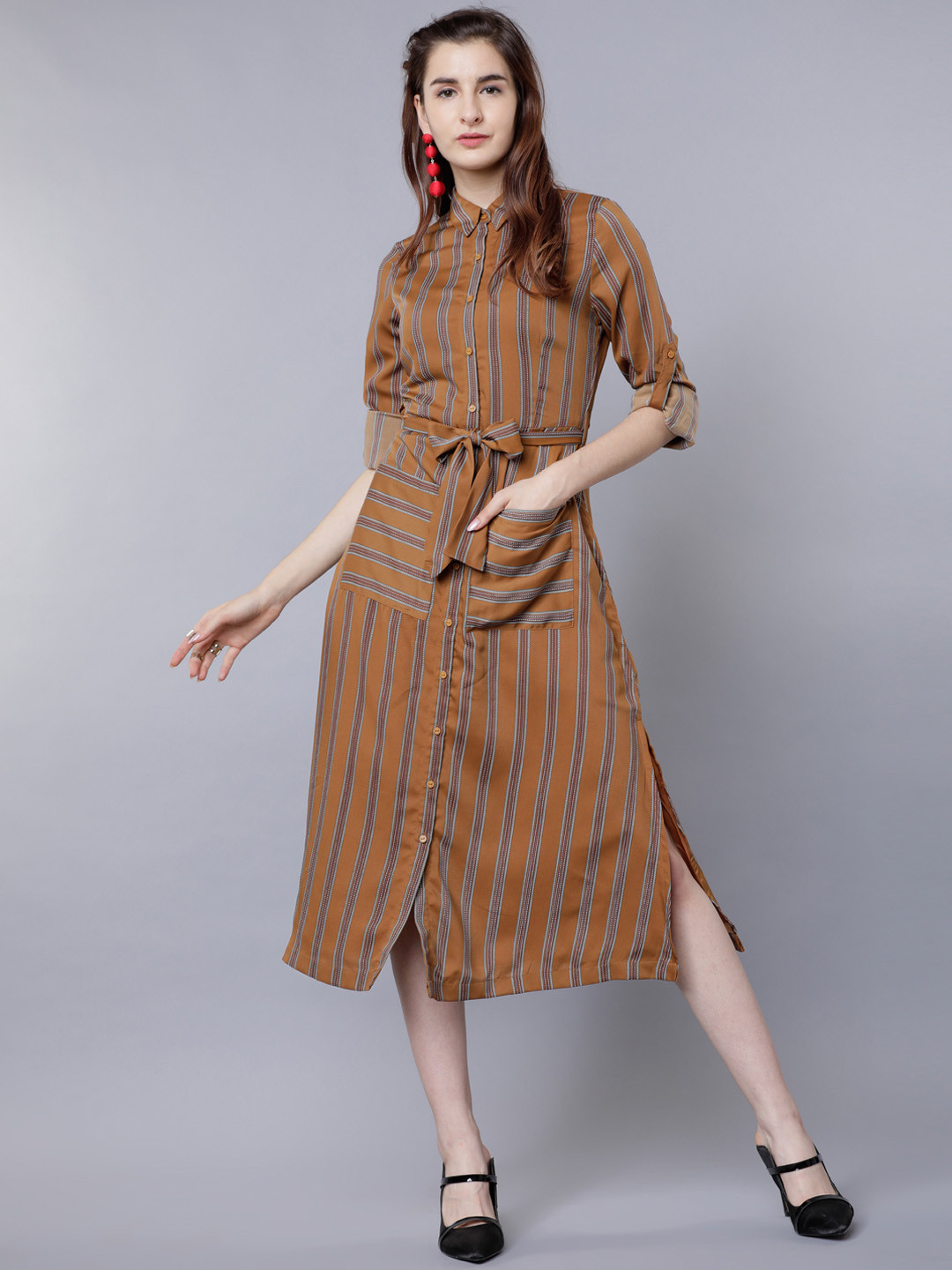 Tokyo Talkies Women Brown Striped Shirt Style Dress