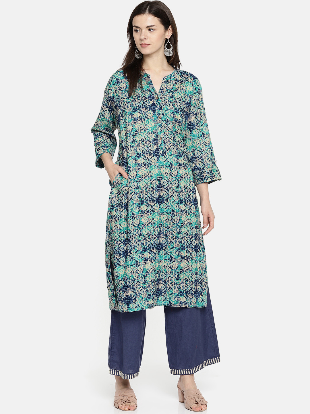 Jashn Women Blue Printed A-Line Kurta
