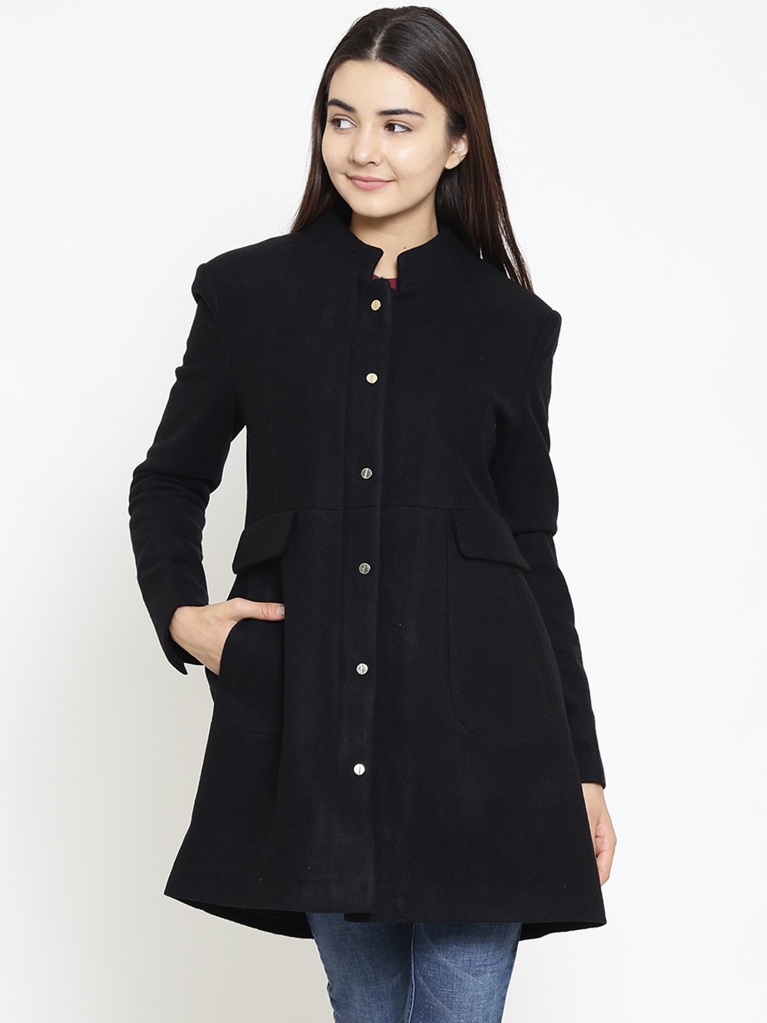 Madame Women Black Solid Overcoat