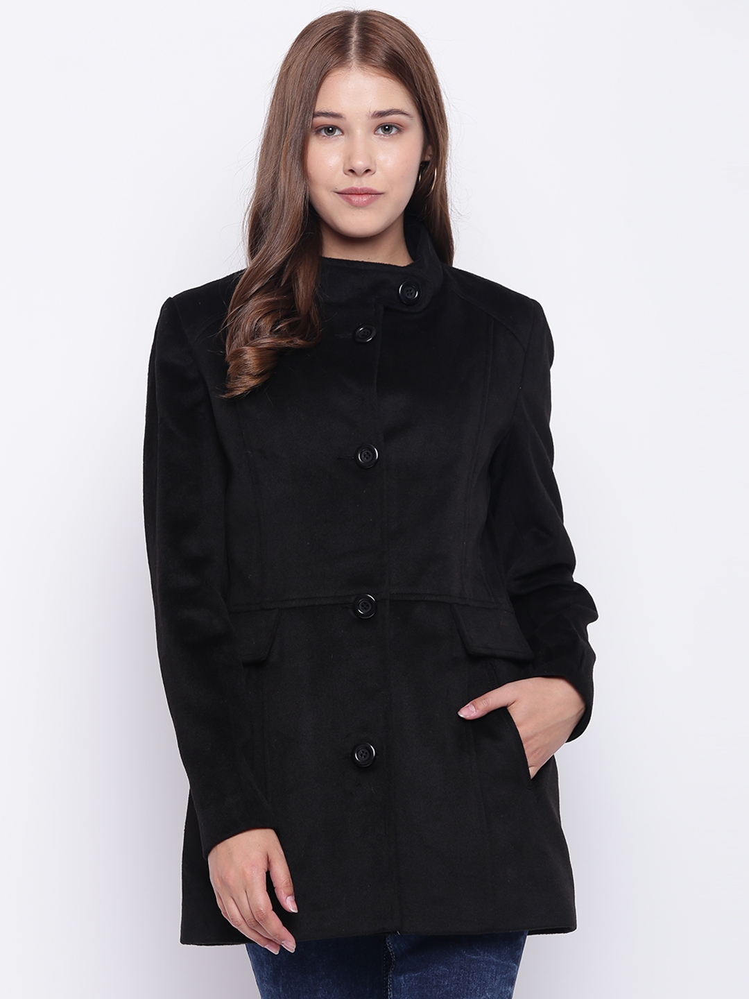 womens knee length black coat