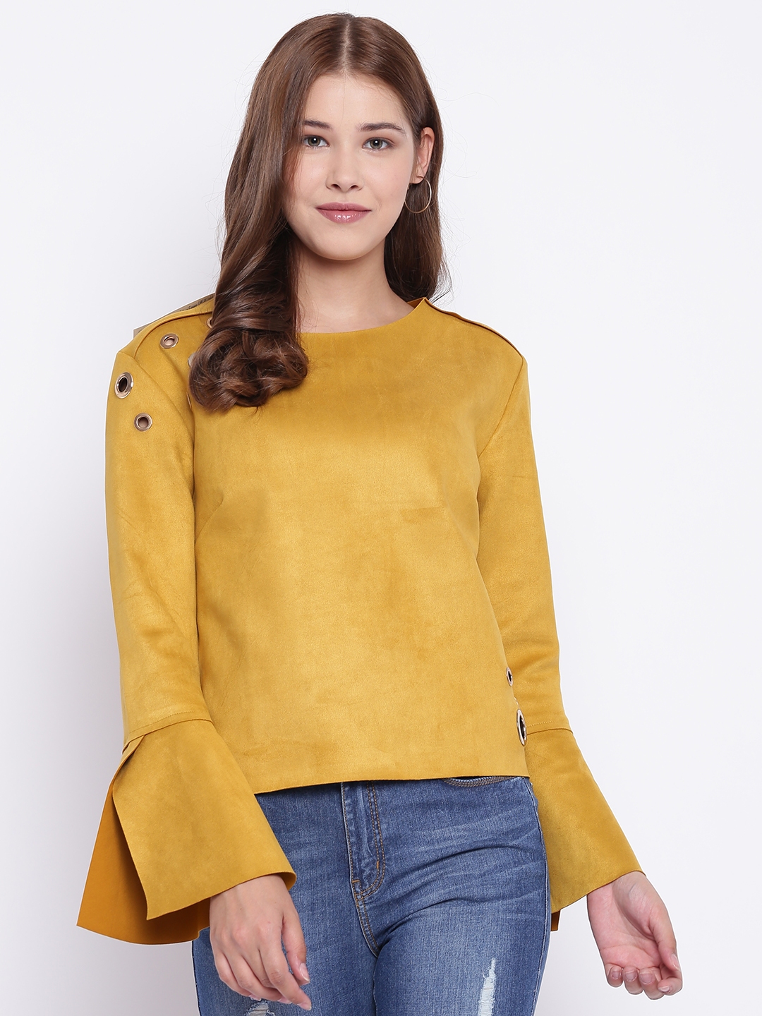 Buy Madame Women Mustard Yellow Solid Suede Finish Top - Tops for ...