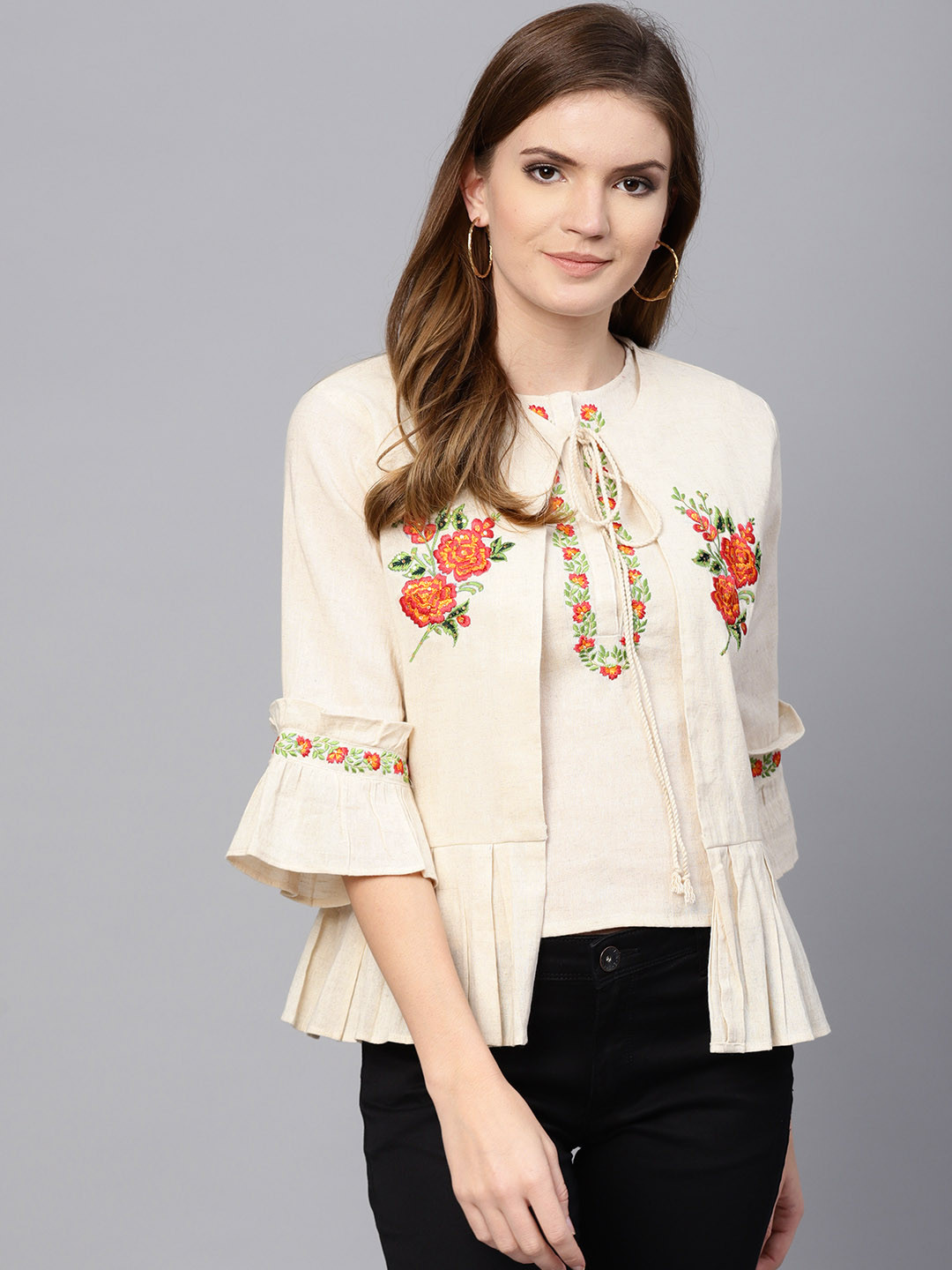 Zima Leto Women Off-White Linen Solid Top with Shrug