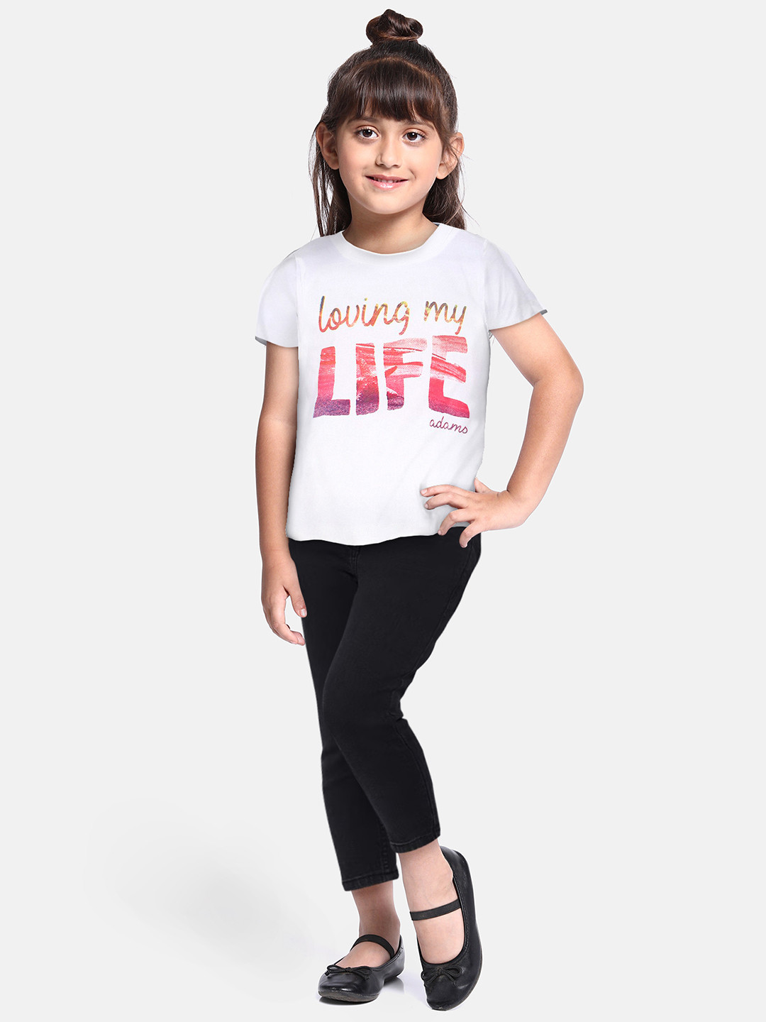 Adams kids Girls White Printed Round Neck T-shirt