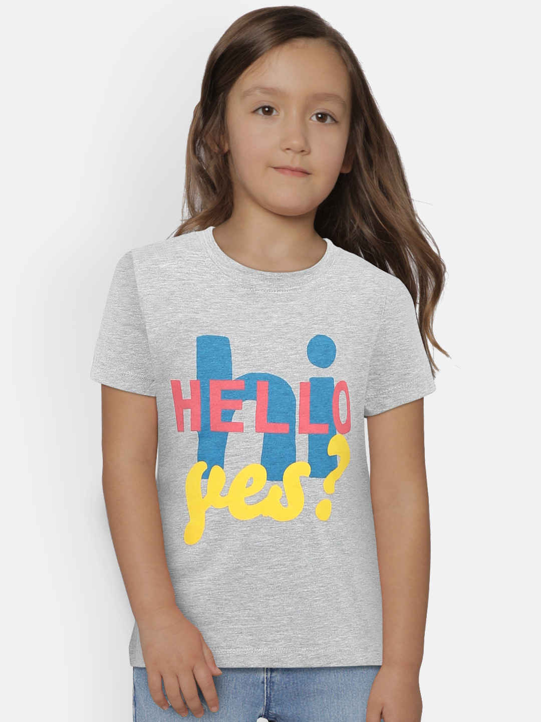 Adams kids Girls Grey Melange Printed Round Neck T-shirt