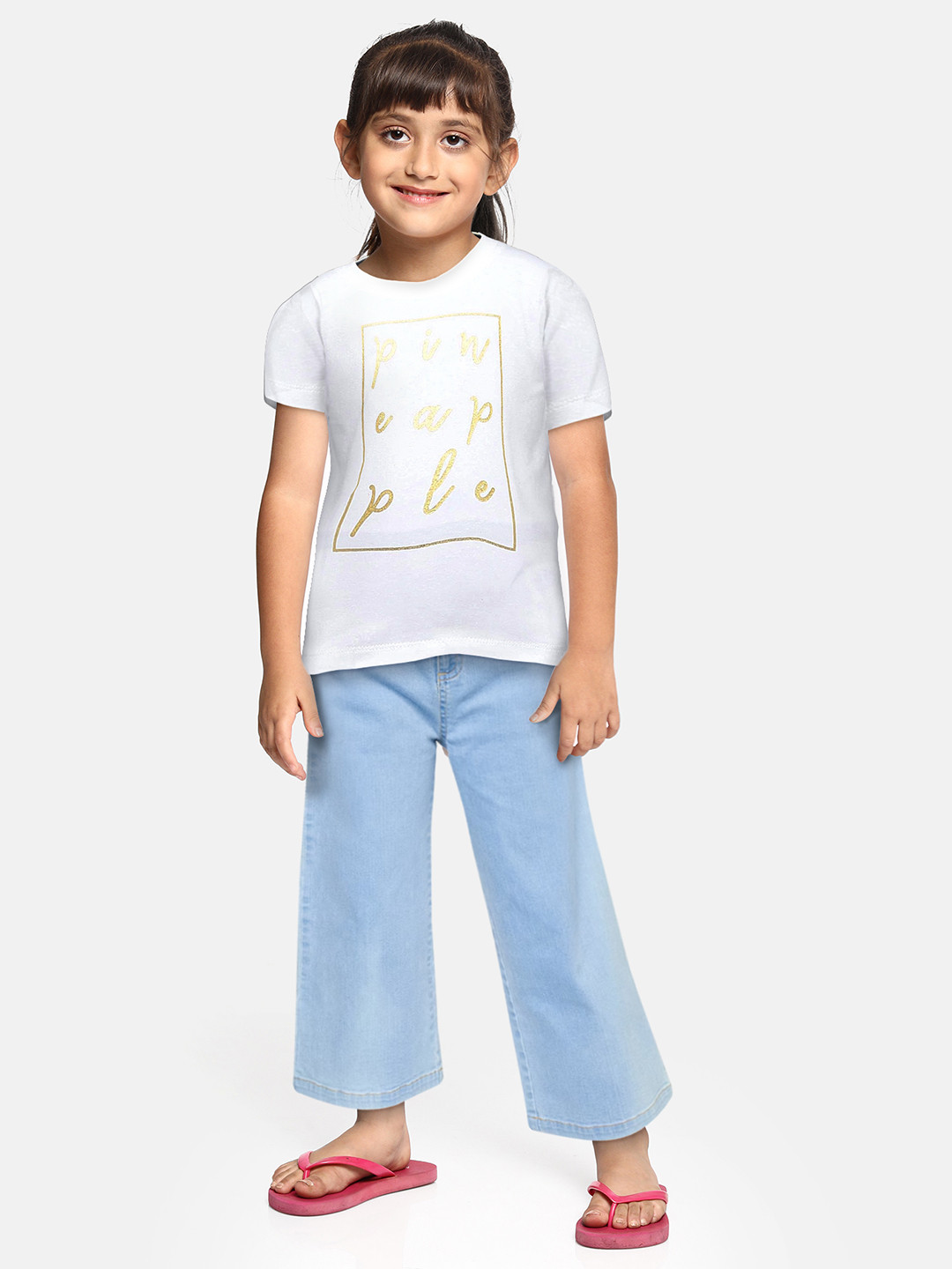 Adams kids Girls White Solid Round Neck T-shirt