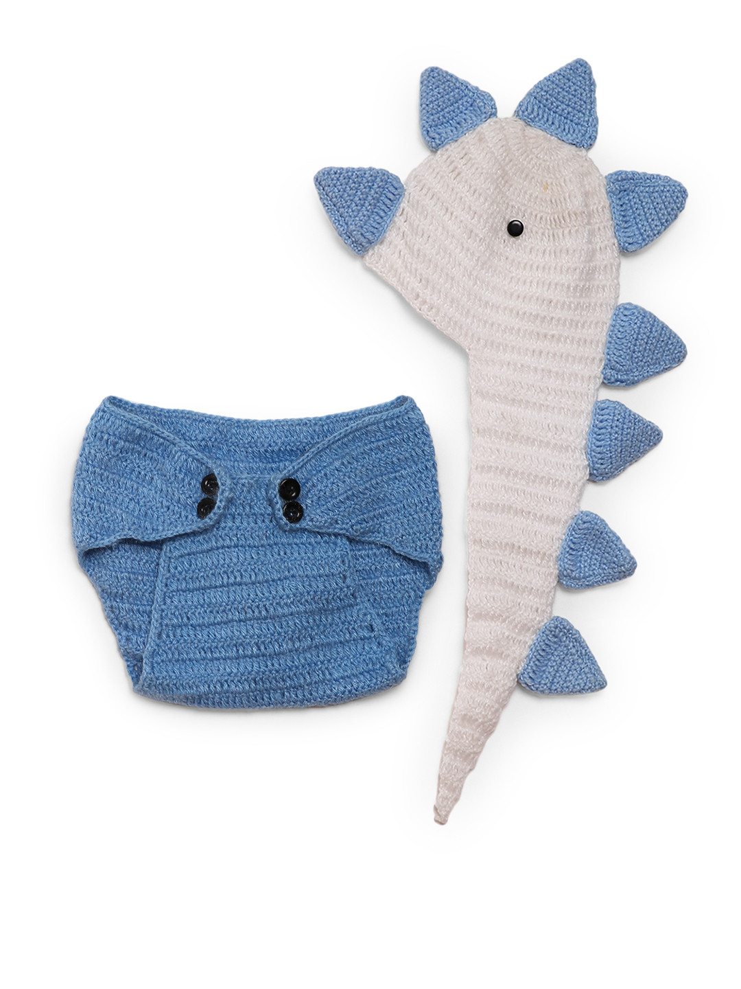 CHUTPUT Unisex White & Blue Solid Woolen Beanie with Diaper Cover