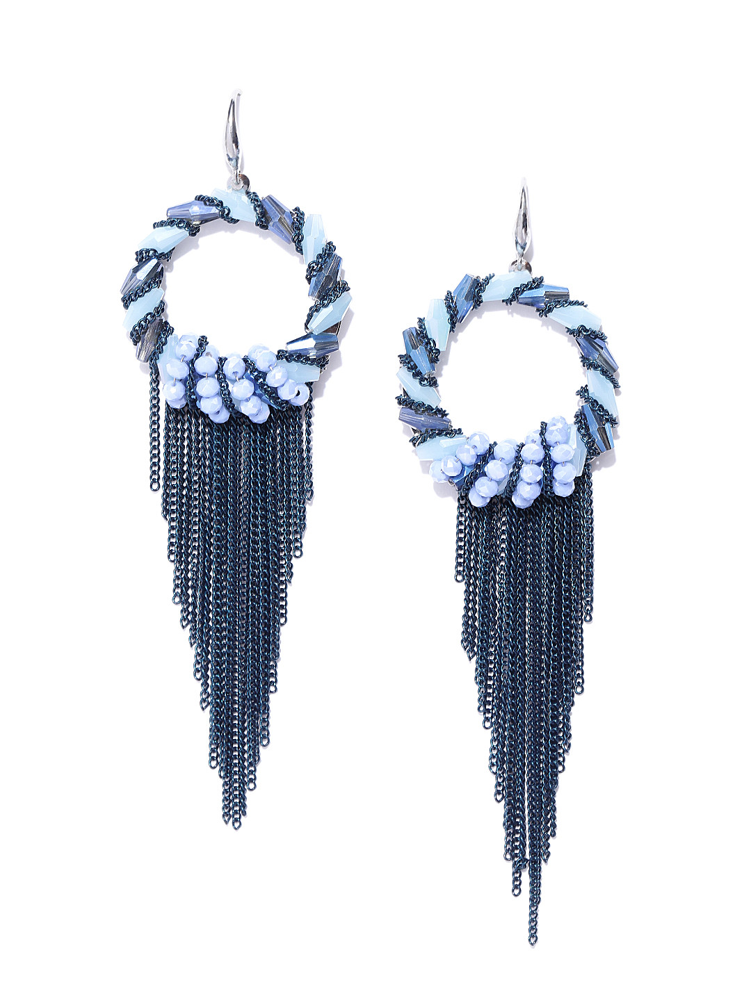 Jewels Galaxy Teal Blue Silver-Plated Circular Tasselled Handcrafted Drop Earrings
