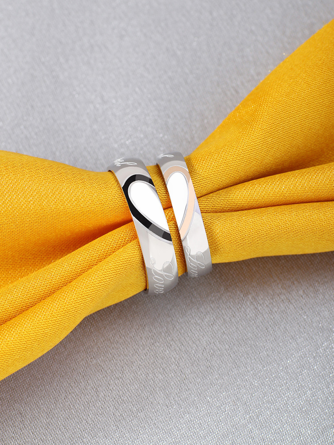 Peora Set of 2 Silver-Plated Lovers Heart 'Real Love' Stainless Steel Proposal Couple Rings