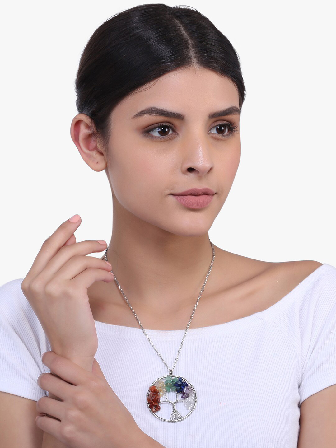Peora Women Multicoloured Silver-Plated Gemstone Pendant