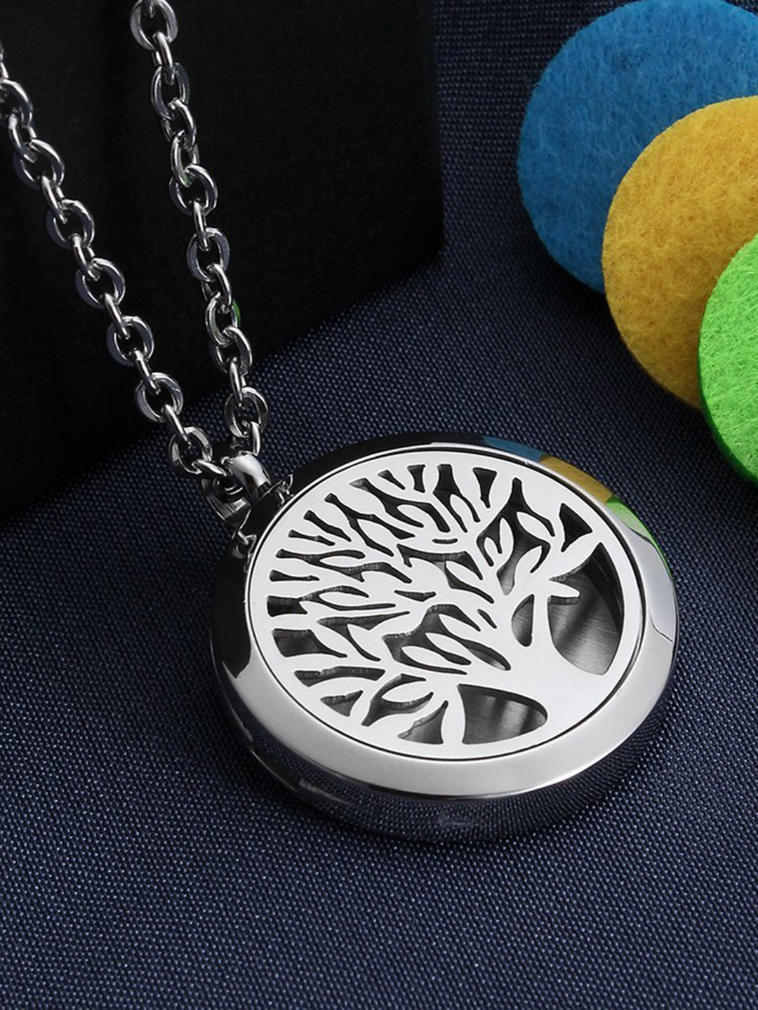 Peora Women Silver-Plated & Yellow Tree of Life Circular Pendant with Chain