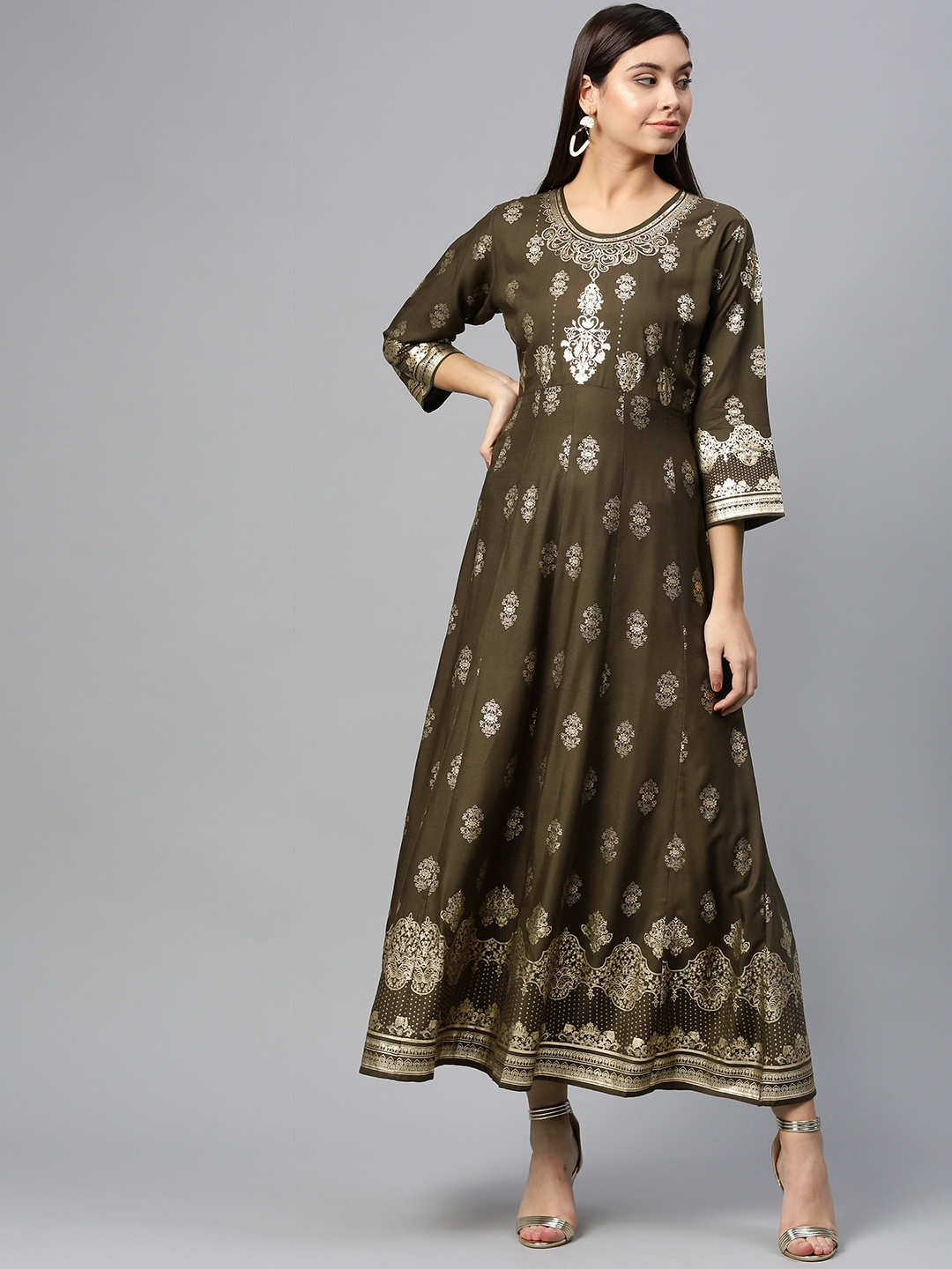 Buy Shree Women Olive Green Silver Printed Maxi Dress Dresses