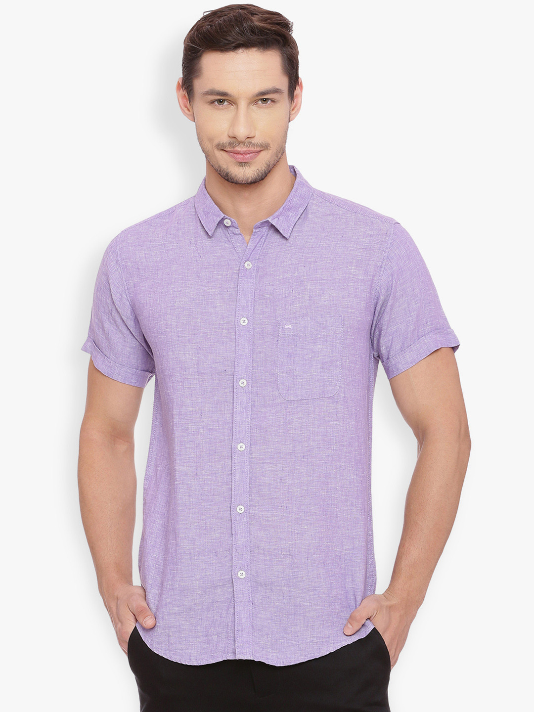 Basics Men Purple Slim Fit Self Design Casual Linen Shirt