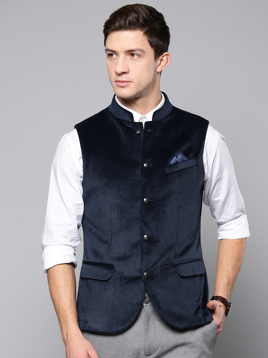 Blackberrys Men Navy Blue Solid Velvet Finish Slim Fit Nehru jacket